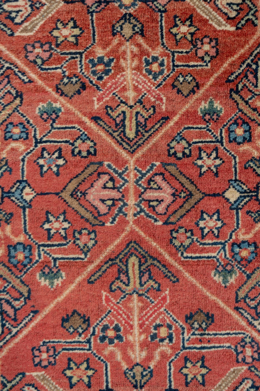 3' x 15' one-of-a-kind handmade antique Mahal runner rug. Color palette: rust, terra cotta, navy, ivory, slate, rose