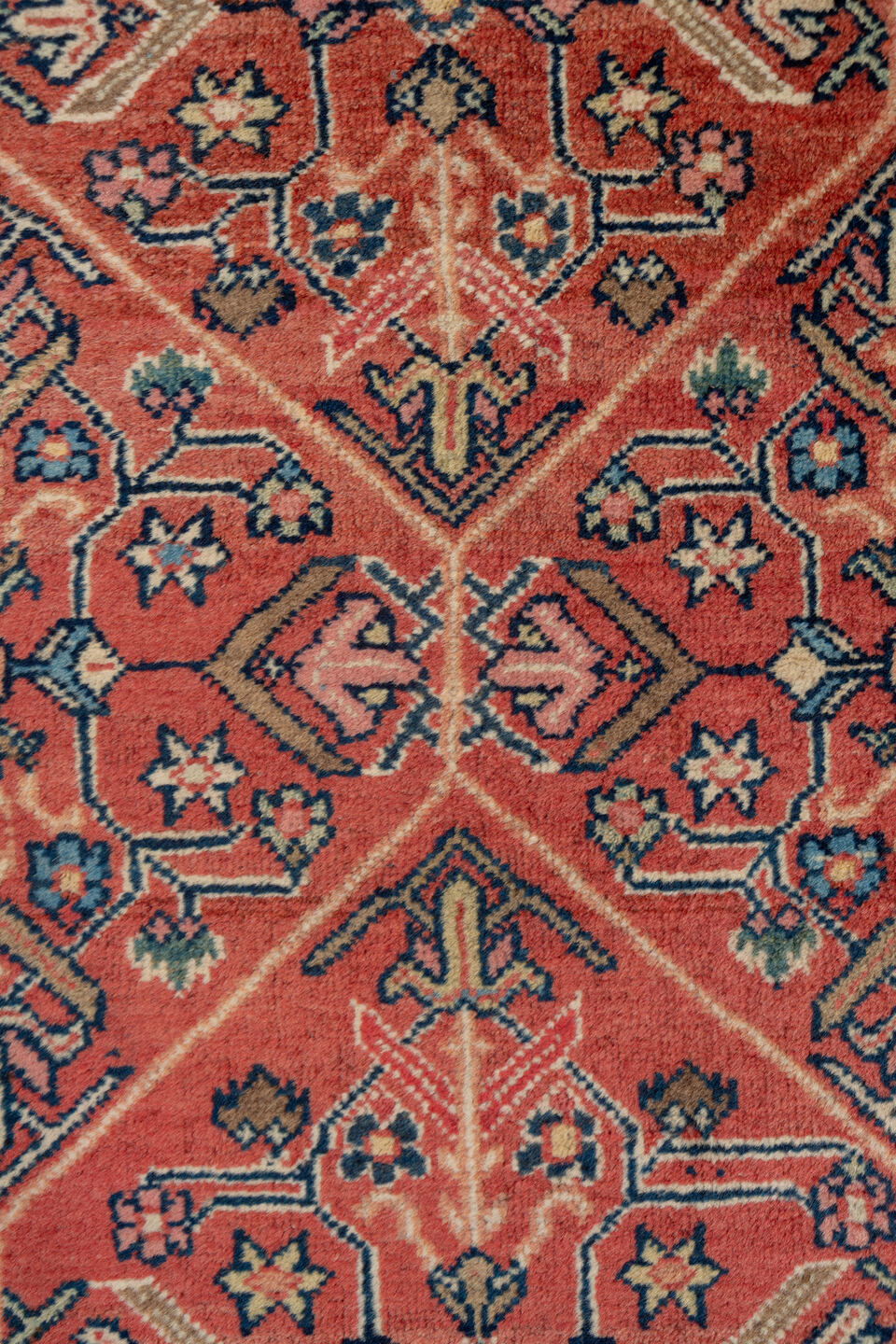 3' x 15' one-of-a-kind handmade antique Mahal runner rug. Color palette: rust, terra cotta, navy, ivory, slate, rose