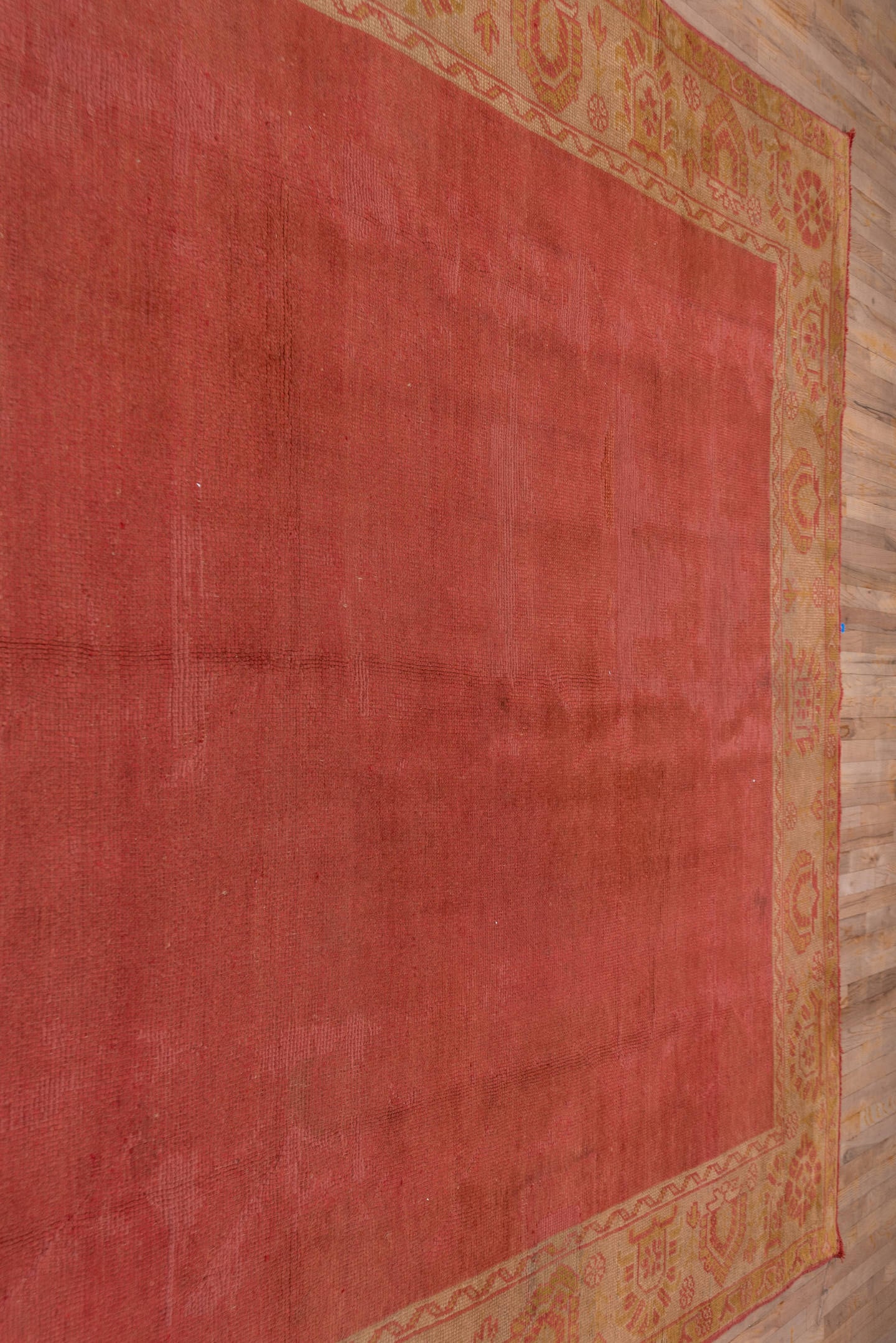 9' x 11' one-of-a-kind handmade antique Oushak large size rug. Color palette: terra cotta, gold, camel, rose, saffron
