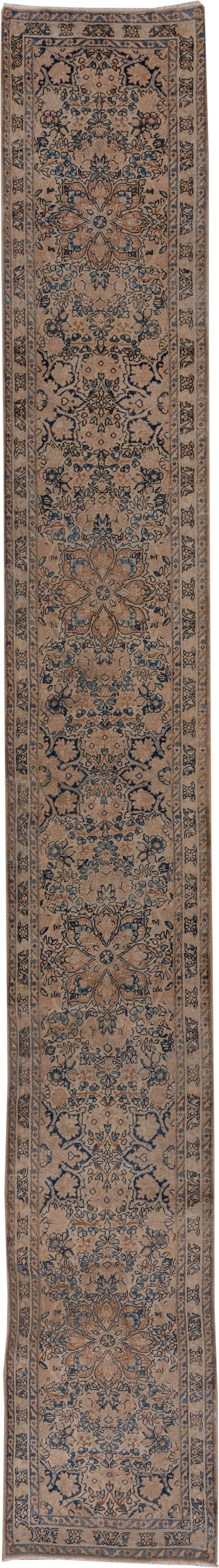 2' x 16' one-of-a-kind handmade antique Kerman runner rug. Color palette: ivory, blue, taupe, camel, slate, brown, beige