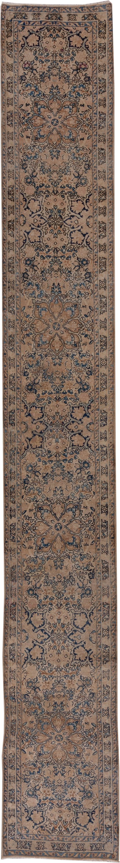 2' x 16' one-of-a-kind handmade antique Kerman runner rug. Color palette: ivory, blue, taupe, camel, slate, brown, beige