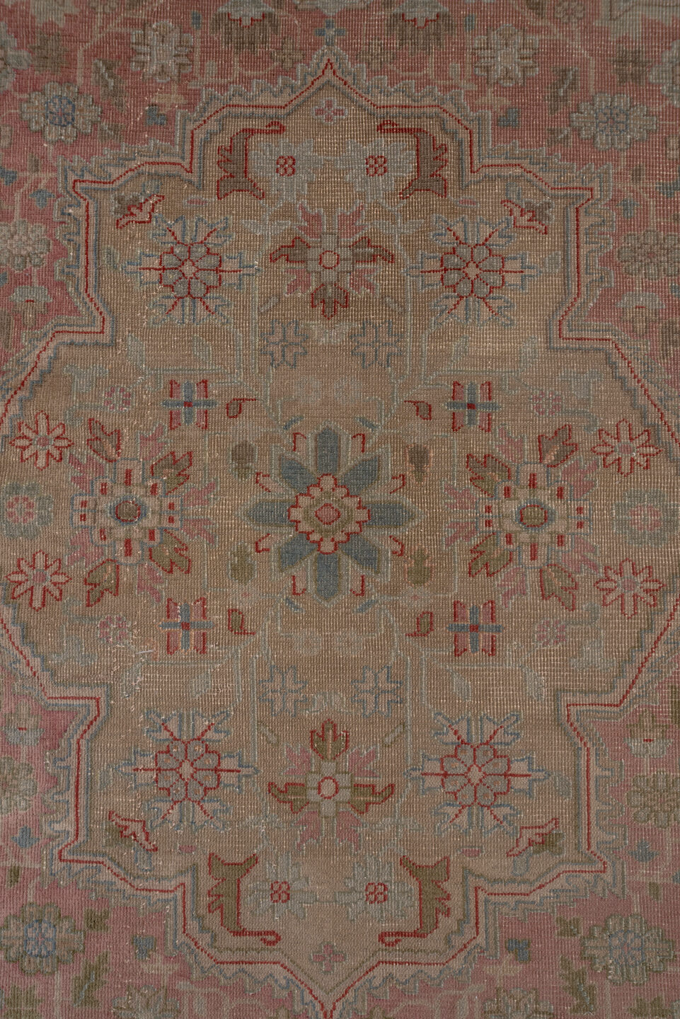 13' x 16' one-of-a-kind handmade antique Sivas oversize rug. Color palette: ivory, rose, taupe, muted blue, dusty pink