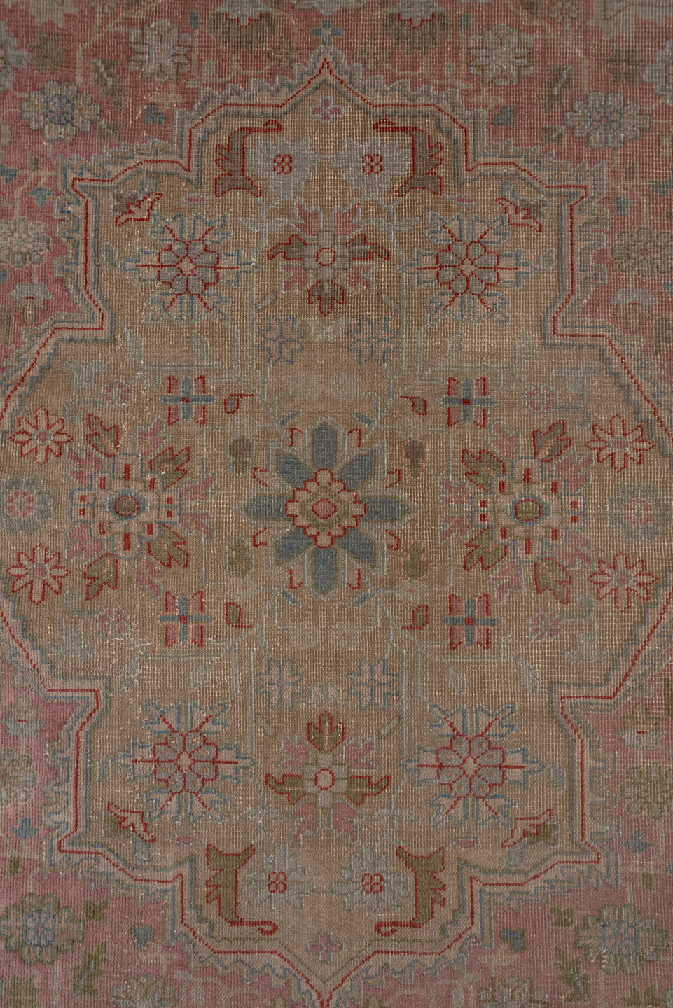 13' x 16' one-of-a-kind handmade antique Sivas oversize rug. Color palette: ivory, rose, taupe, muted blue, dusty pink