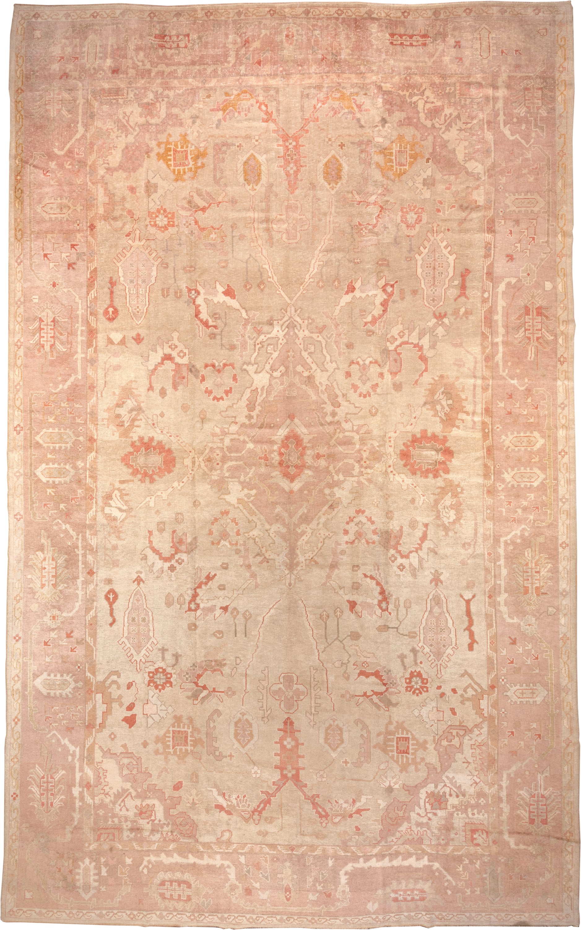 12' x 19' one-of-a-kind handmade antique Oushak oversize rug. Color palette: ivory, blush, rose, apricot, muted gold, beige