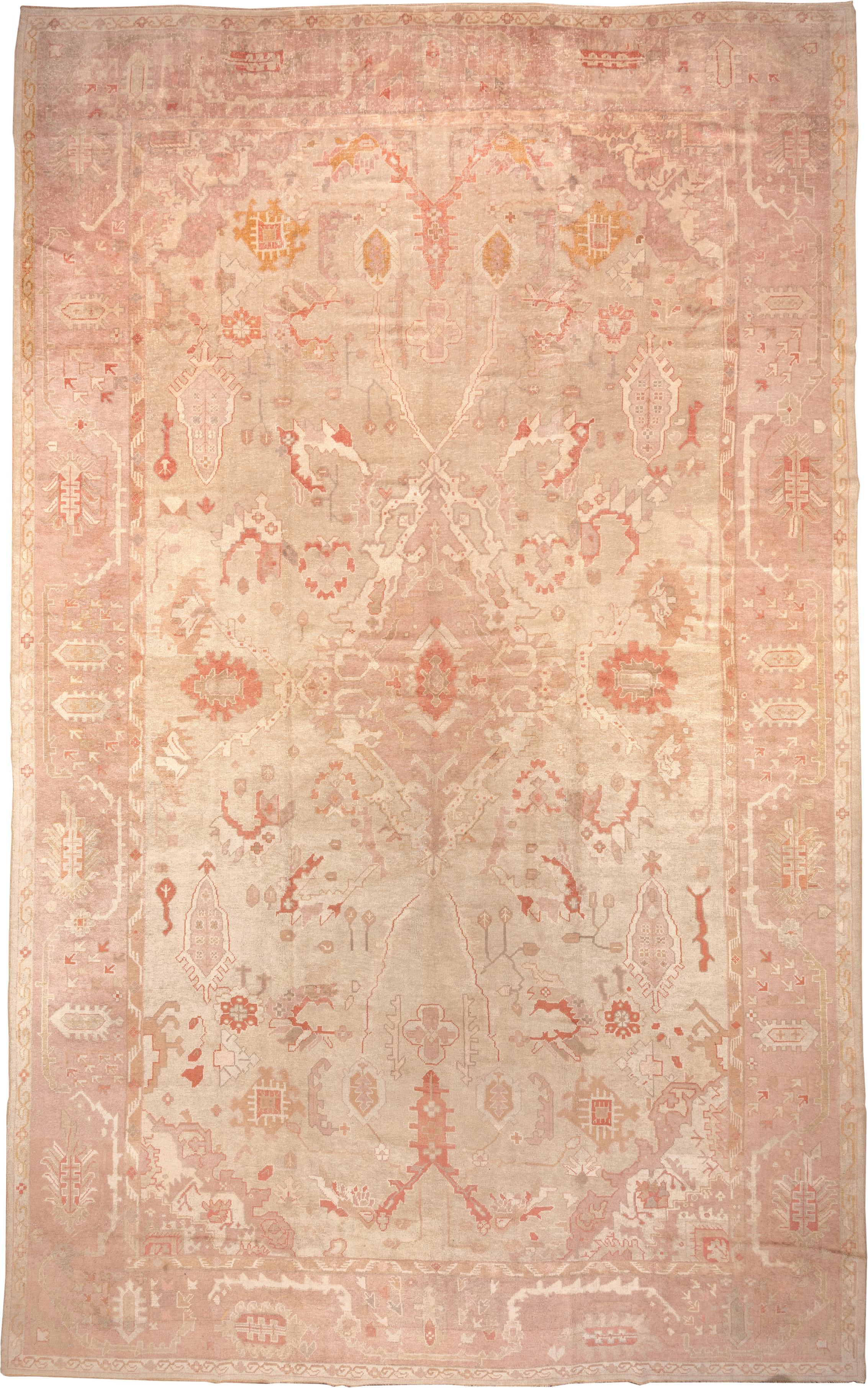 12' x 19' one-of-a-kind handmade antique Oushak oversize rug. Color palette: ivory, blush, rose, apricot, muted gold, beige
