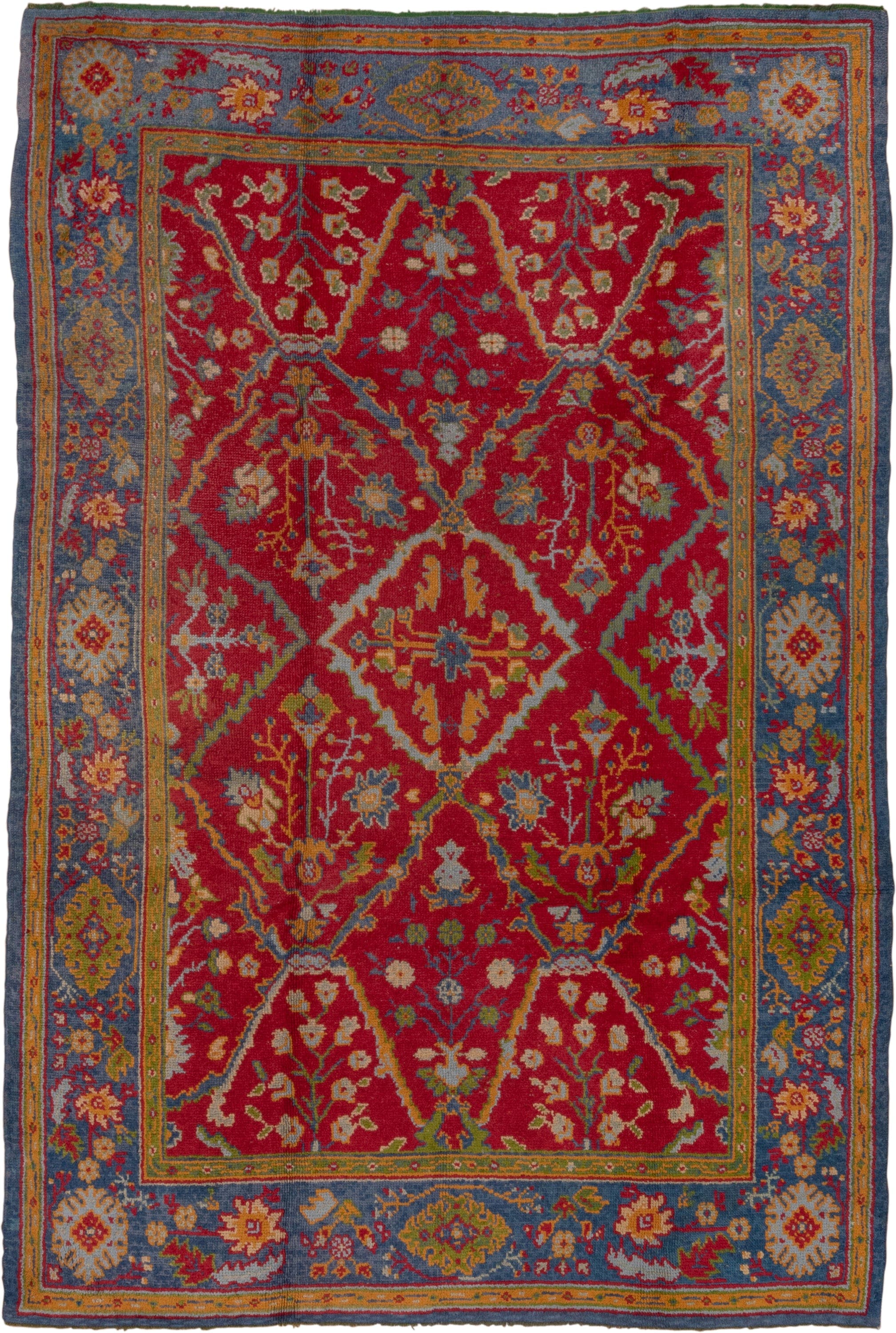 7' x 10' one-of-a-kind handmade vintage European large size rug. Color palette: red, blue, gold, ivory, sage, rust, olive
