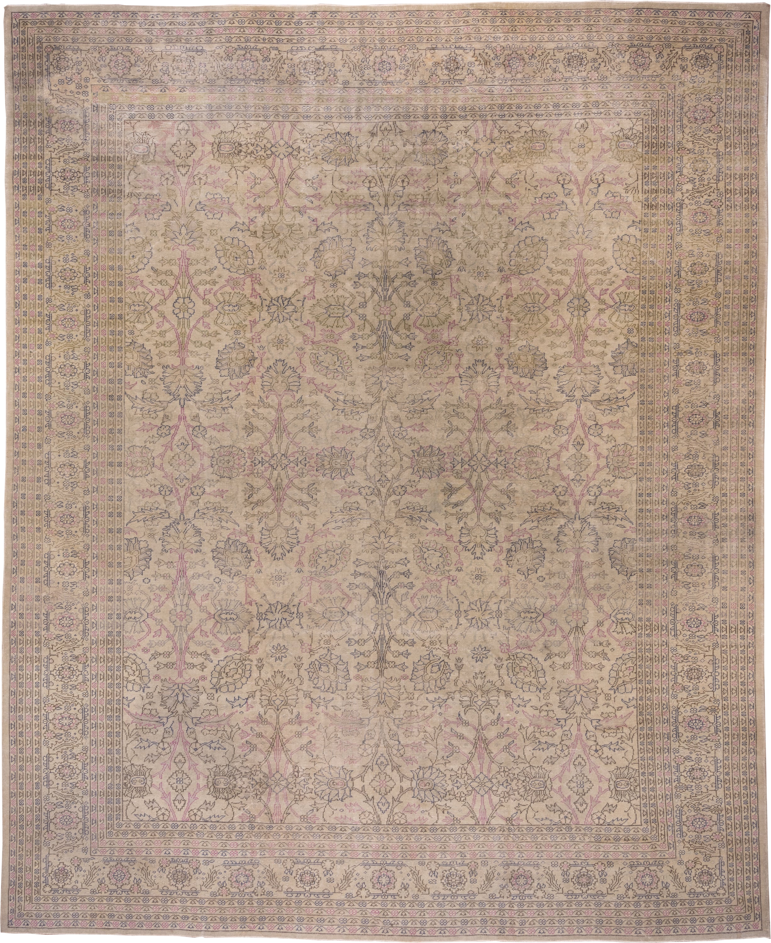 12' x 14' one-of-a-kind handmade antique Sivas oversize rug. Color palette: ivory, taupe, rose, slate, beige, gray, pink