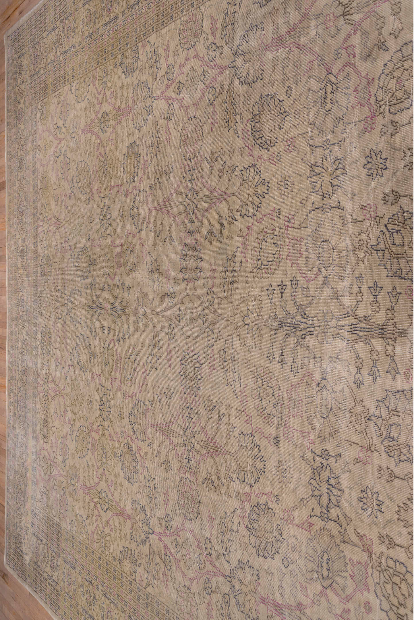 12' x 14' one-of-a-kind handmade antique Sivas oversize rug. Color palette: ivory, taupe, rose, slate, beige, gray, pink