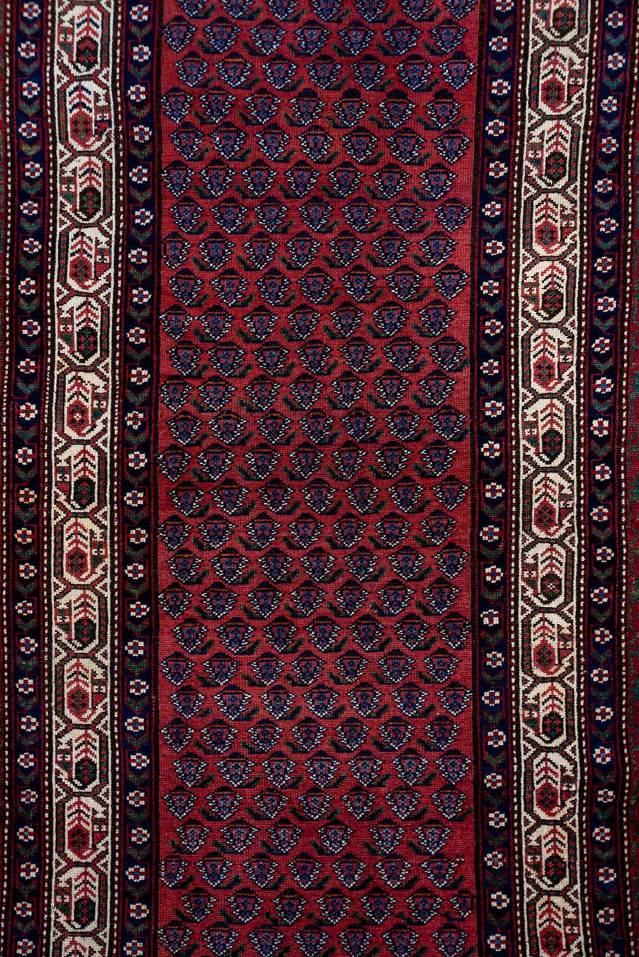 3' x 12' one-of-a-kind handmade antique Malayer runner rug. Color palette: rose, burgundy, ivory, navy, rust, charcoal, pink