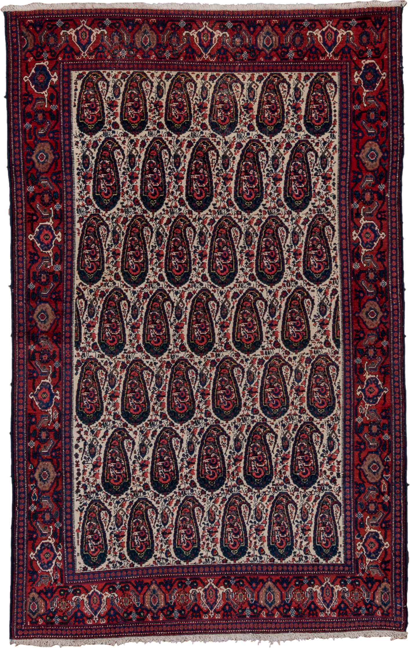 4' x 6' one-of-a-kind handmade antique Senne small size rug. Color palette: ivory, rust, navy, crimson, indigo, camel