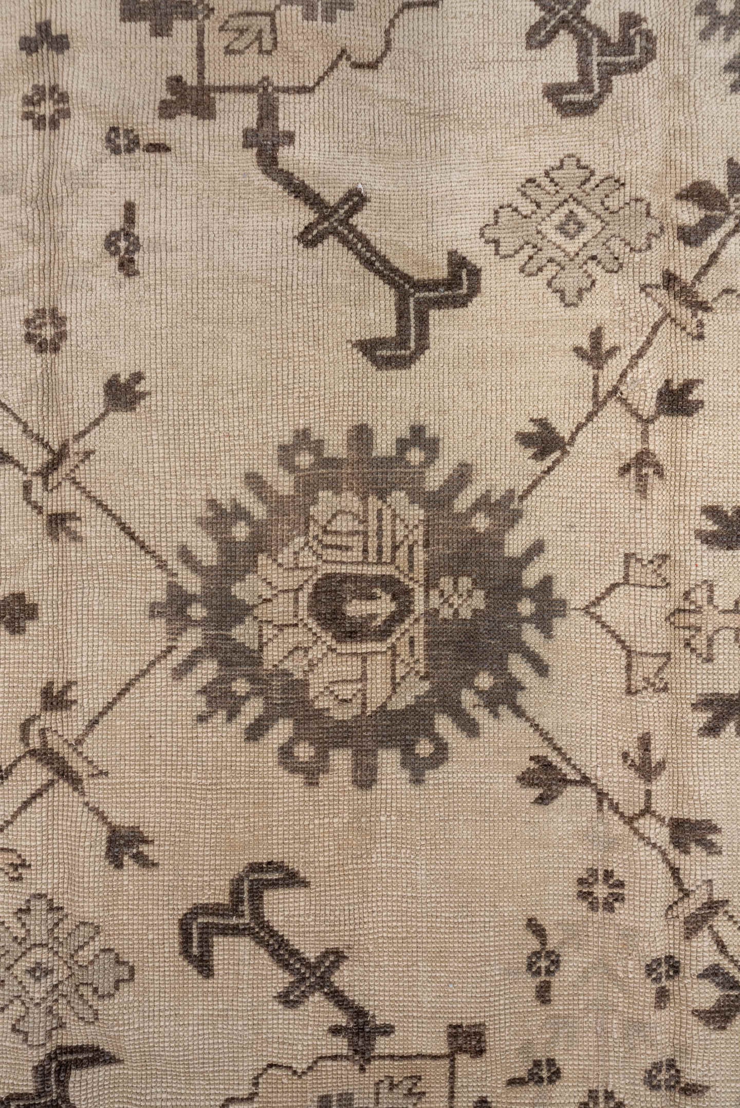 6' x 10' one-of-a-kind handmade antique Oushak large size rug. Color palette: ivory, taupe, brown, camel, beige, gray