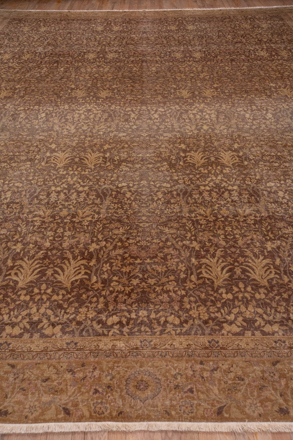 12' x 16' one-of-a-kind handmade antique Sivas oversize rug. Color palette: brown, camel, taupe, beige, ivory, rose