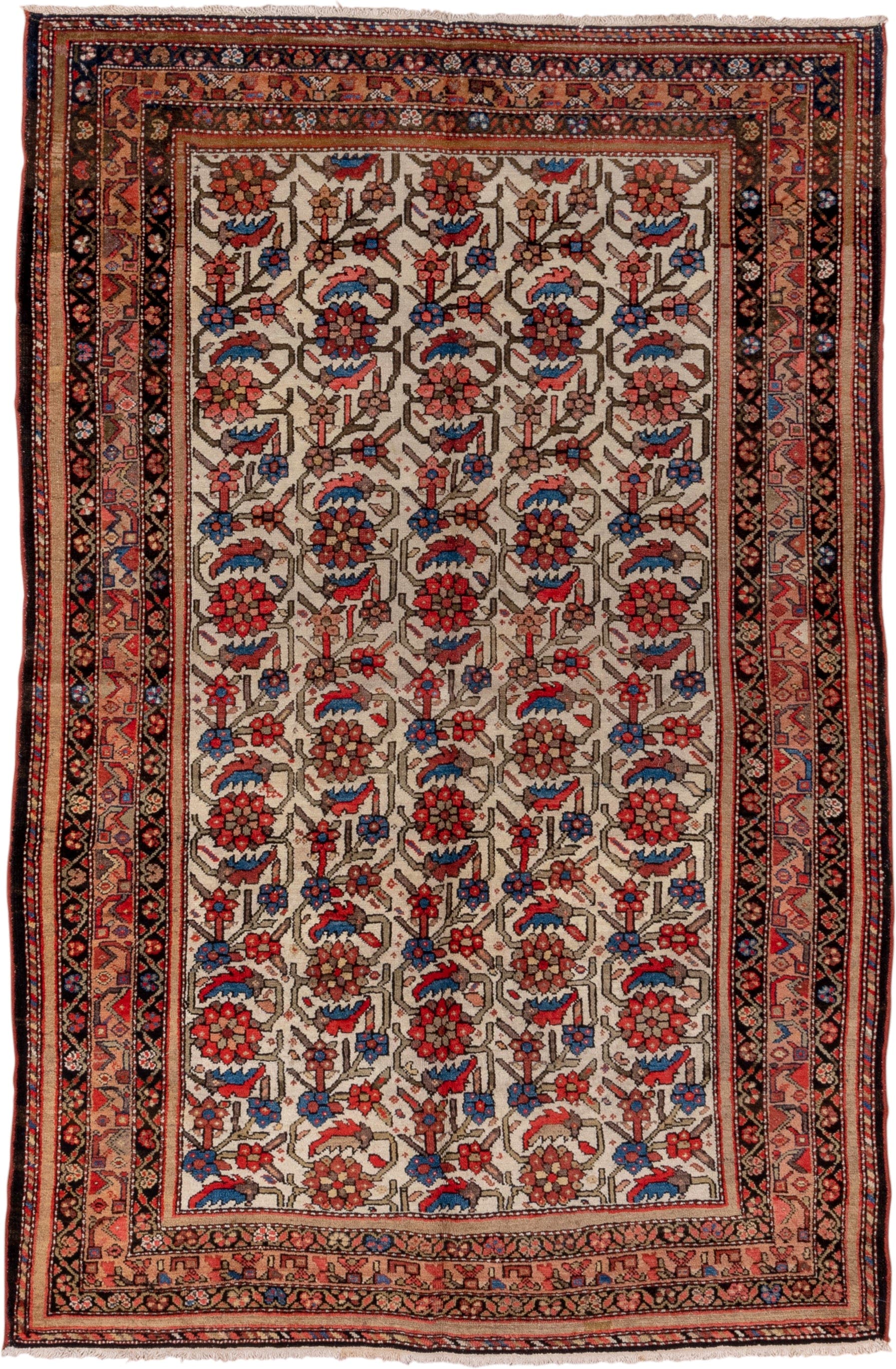5' x 7' one-of-a-kind handmade antique Malayer rug. Color palette: ivory, rust, indigo, rose, taupe, charcoal, coral