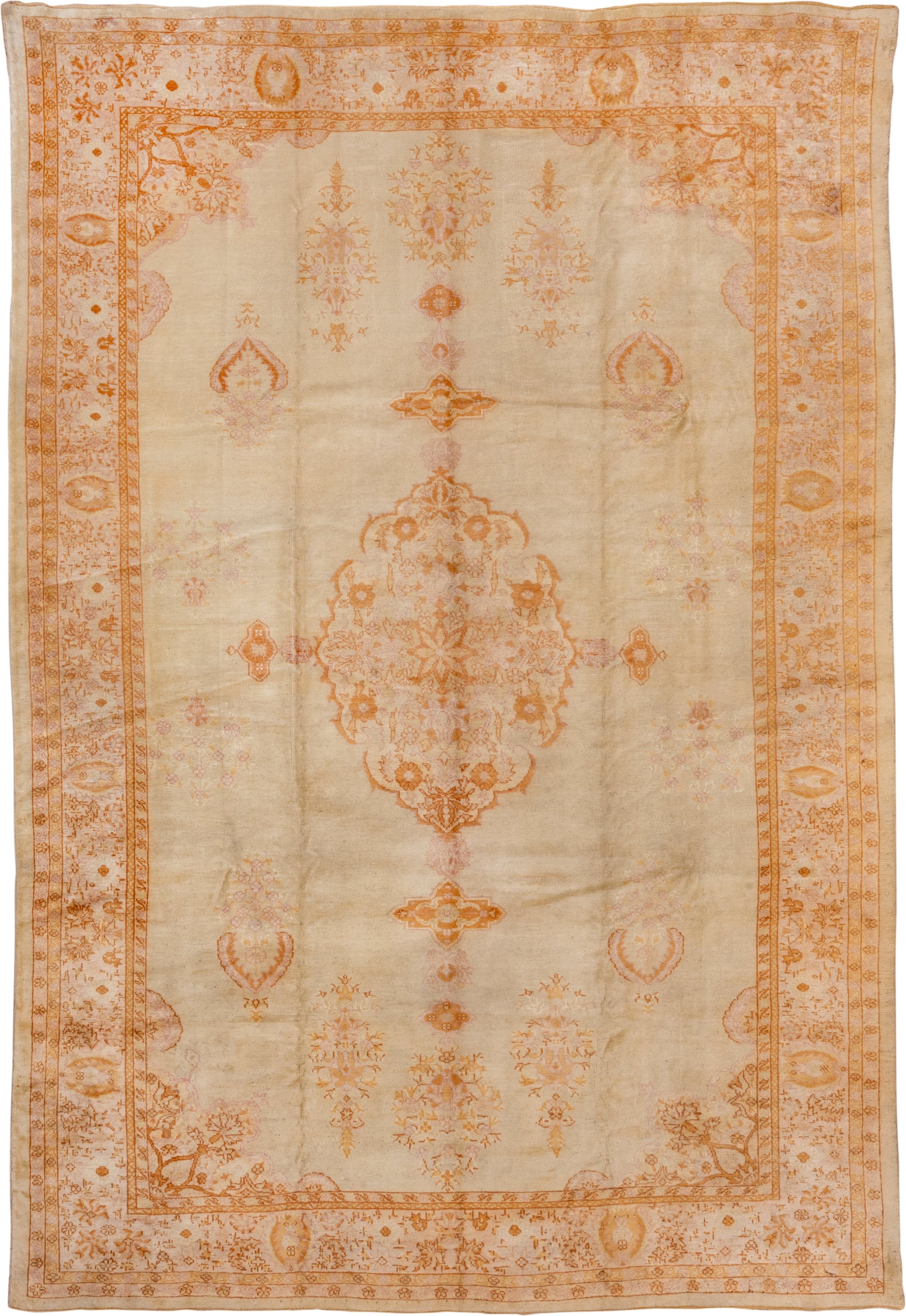 9' x 14' one-of-a-kind handmade antique Oushak large size rug. Color palette: ivory, apricot, peach, soft gold, beige, blush