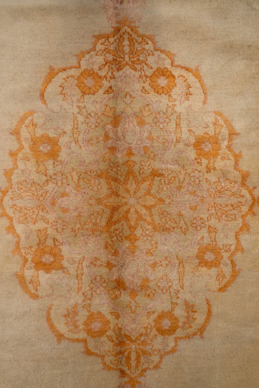 9' x 14' one-of-a-kind handmade antique Oushak large size rug. Color palette: ivory, apricot, peach, soft gold, beige, blush