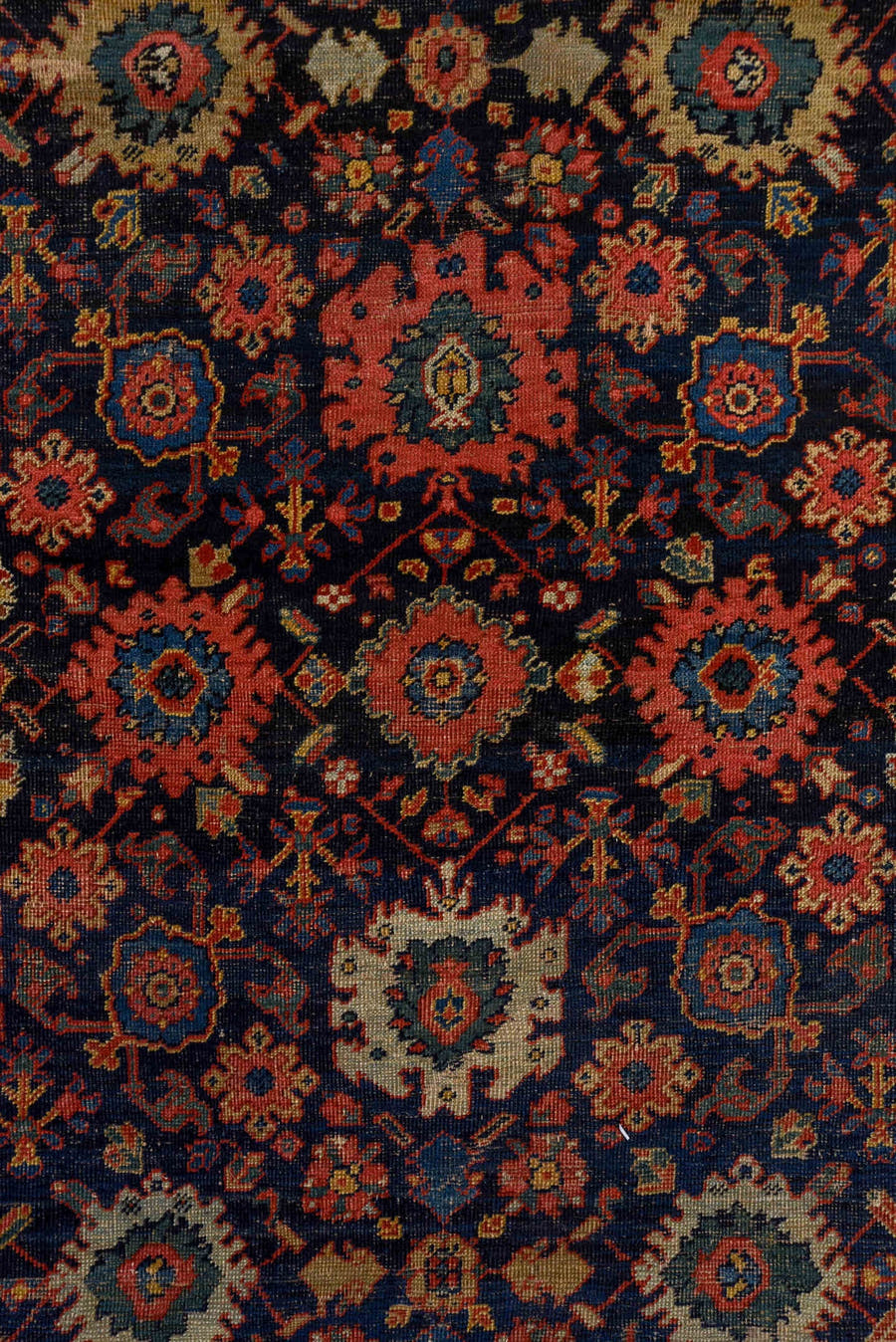 14' x 19' one-of-a-kind handmade antique Sultanabad oversize rug. Color palette: navy, rust, ivory, sky blue, terra cotta