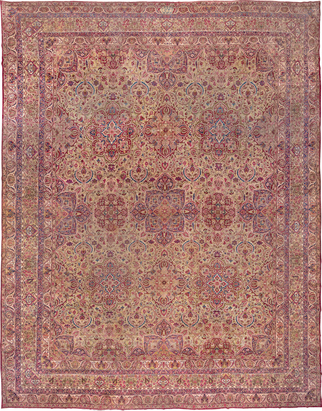 20' x 25' one-of-a-kind handmade vintage Lavar oversize rug. Color palette: blue, brown, gray, off-white, orange, pink, red