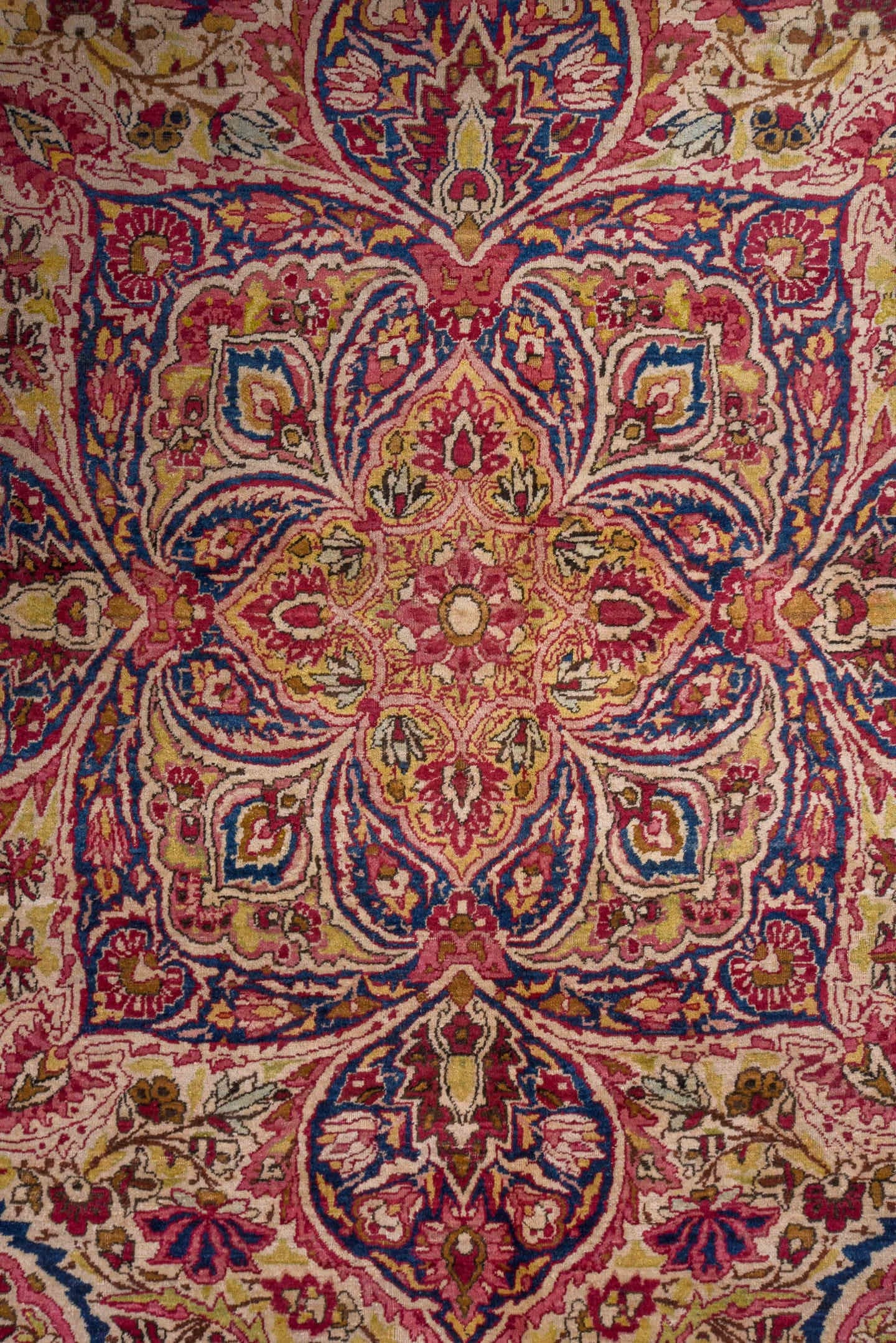 20' x 25' one-of-a-kind handmade antique Lavar oversize rug. Color palette: beige, rose, rust, soft blue, ivory, burgundy