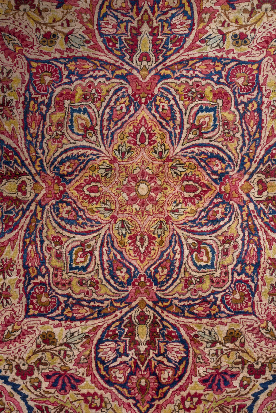 20' x 25' one-of-a-kind handmade antique Lavar oversize rug. Color palette: beige, rose, rust, soft blue, ivory, burgundy