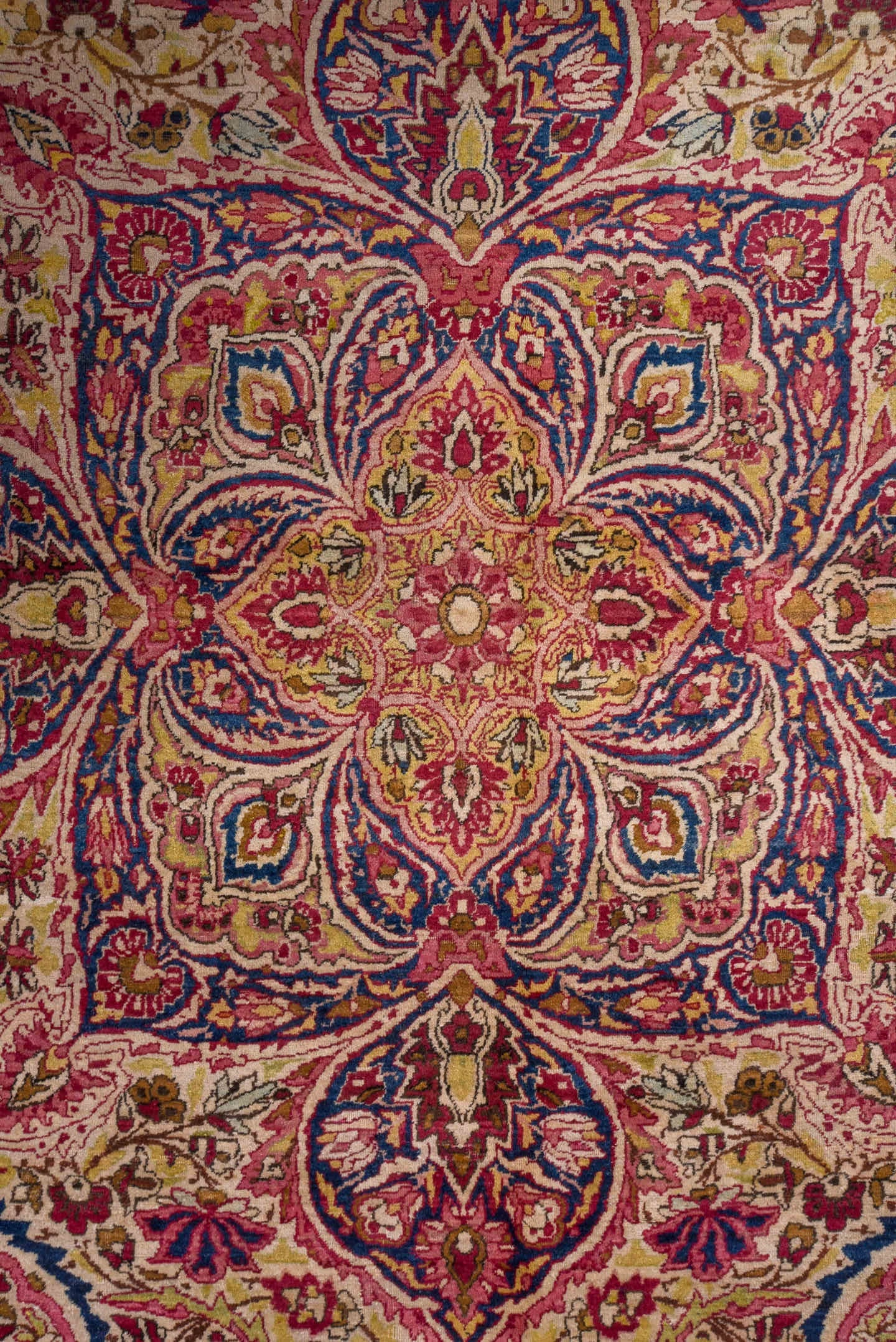 20' x 25' one-of-a-kind handmade antique Lavar oversize rug. Color palette: beige, rose, rust, soft blue, ivory, burgundy