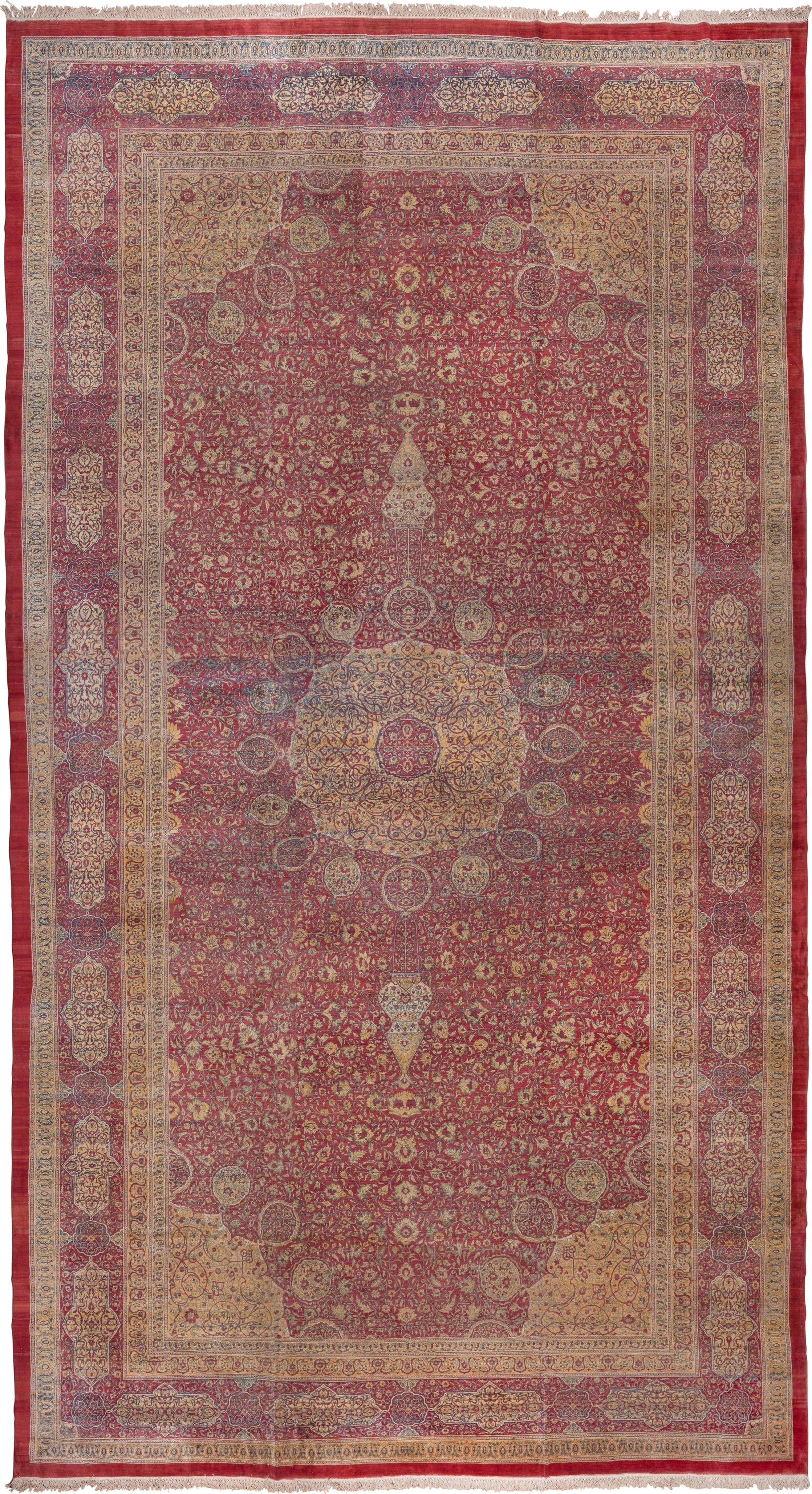 17' x 32' one-of-a-kind handmade antique Agra oversize rug. Color palette: crimson, ivory, gold, slate, rose, burgundy, red