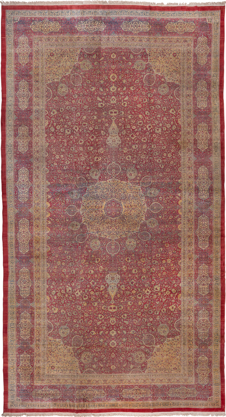 17' x 32' one-of-a-kind handmade vintage Agra oversize rug. Color palette: brown, gray, pink, red