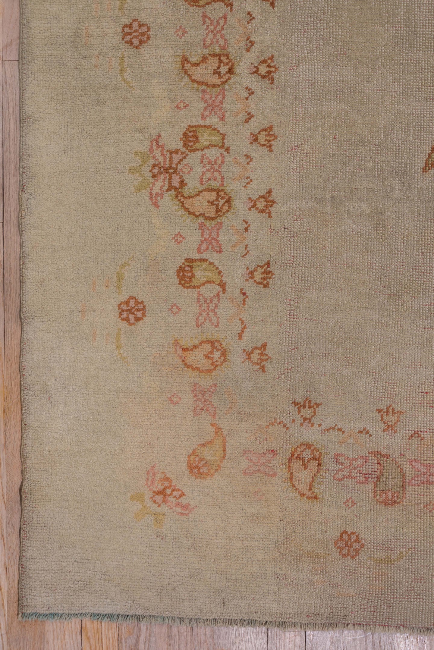 9' x 12' one-of-a-kind handmade antique Oushak large size rug. Color palette: ivory, beige, blush, apricot, gold, taupe