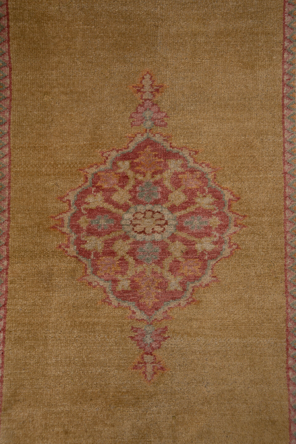 2' x 11' one-of-a-kind handmade antique Oushak runner rug. Color palette: camel, rose, terra cotta, ivory, tan, beige, pink