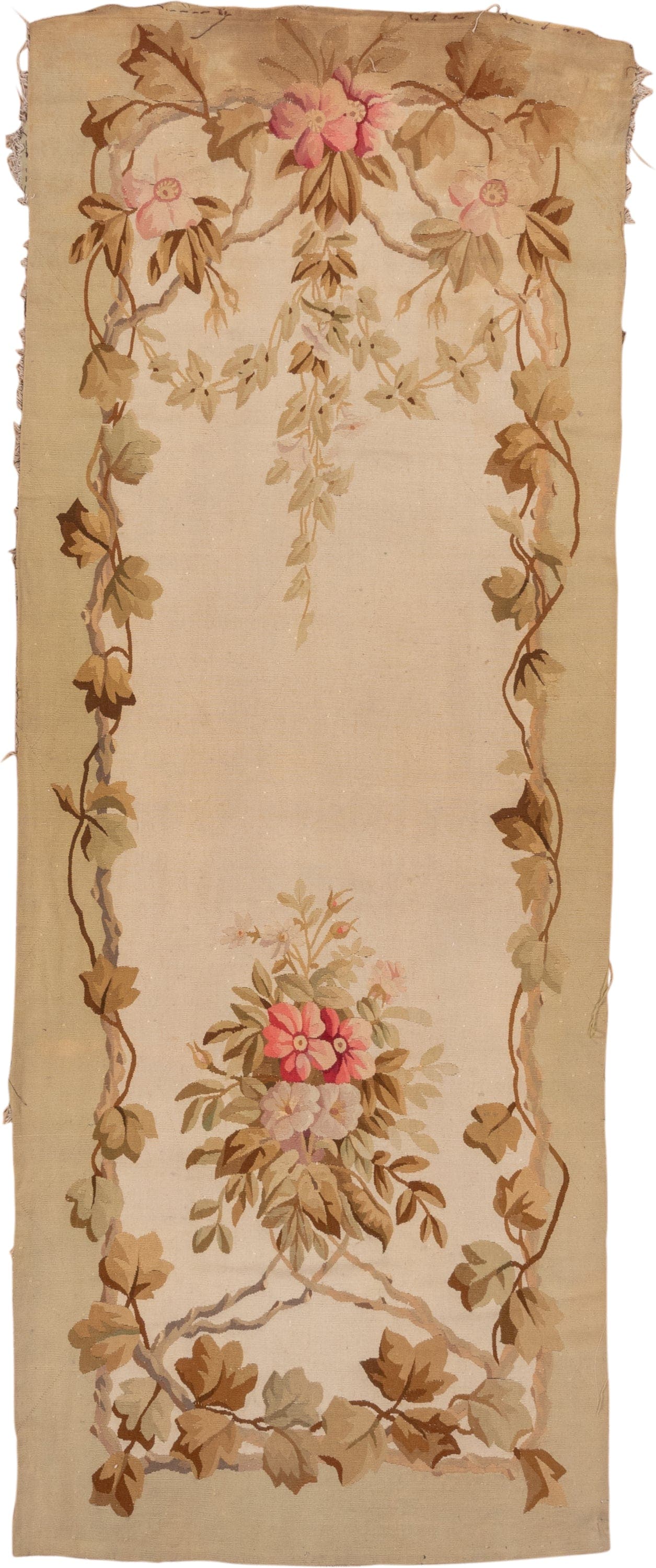 3' x 8' one-of-a-kind handmade antique Aubusson runner rug. Color palette: ivory, beige, taupe, camel, rose, sage, brown