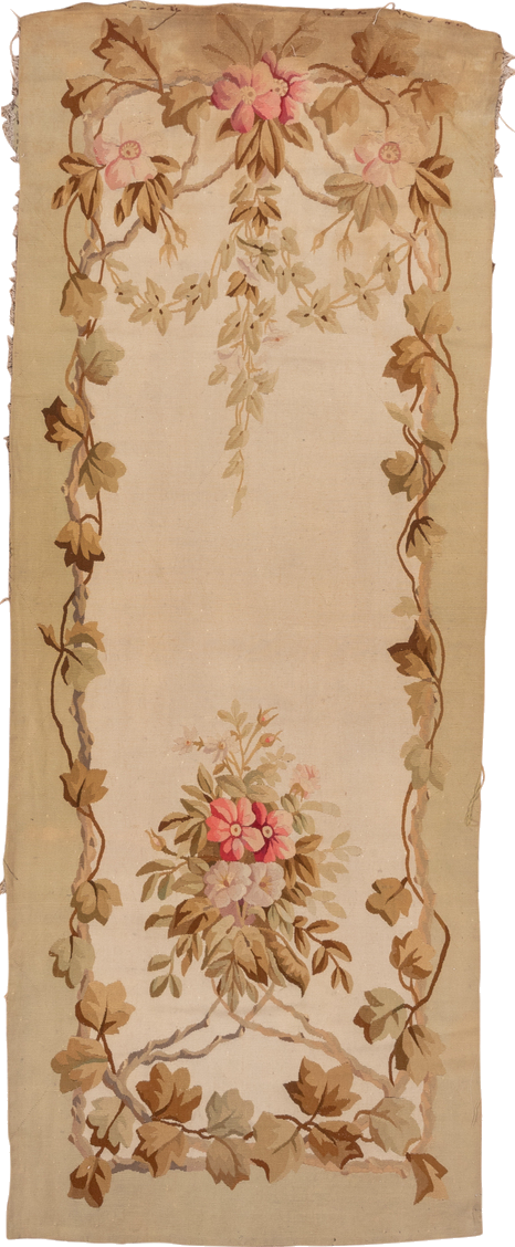 3' x 8' one-of-a-kind handmade vintage Aubusson runner rug. Color palette: brown, dark salmon, gray, light gray, off-white