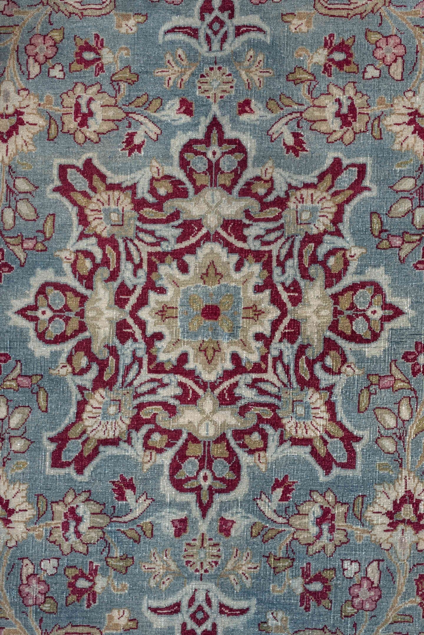4' x 6' one-of-a-kind handmade antique Meshed rug. Color palette: sky blue, burgundy, ivory, rose, muted gold, dusty pink