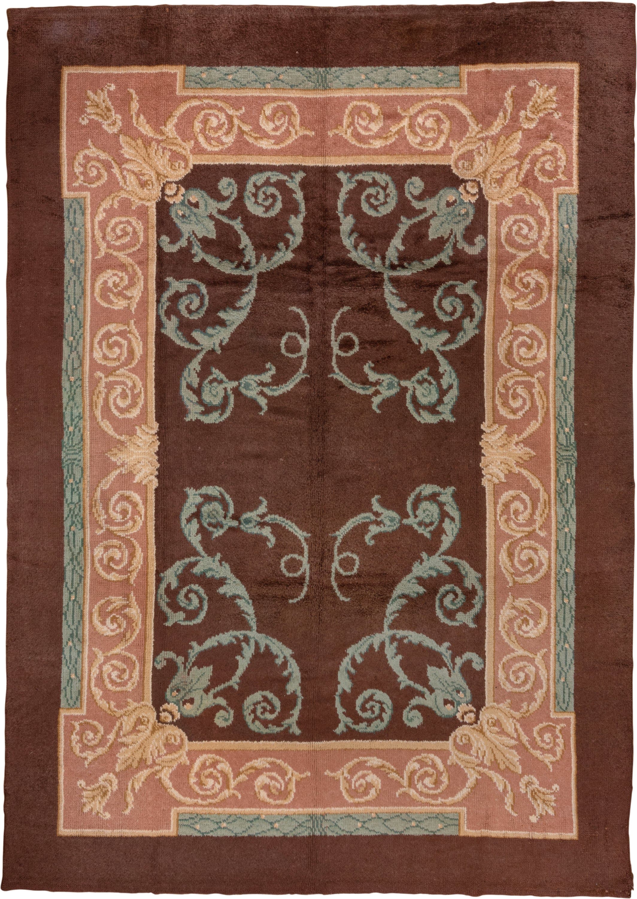 9' x 13' one-of-a-kind handmade antique European large size rug. Color palette: brown, blush, teal, ivory, taupe, pink