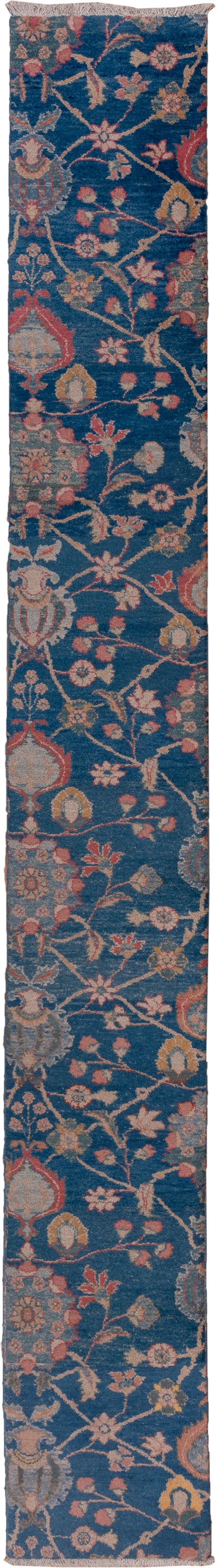 2' x 14' one-of-a-kind handmade vintage Mahal runner rug. Color palette: blue, ivory, rust, rose, sage, gold, taupe