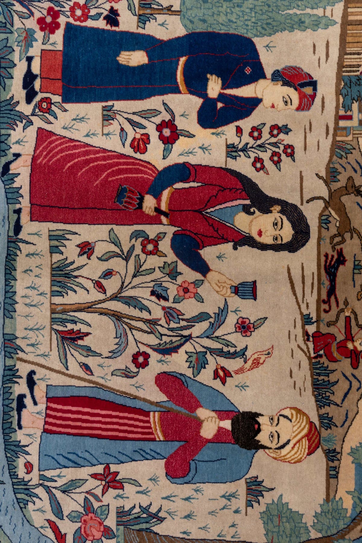 2' x 3' one-of-a-kind handmade antique Kashan small size rug. Color palette: ivory, blue, red, sky_blue, sage, brown, navy