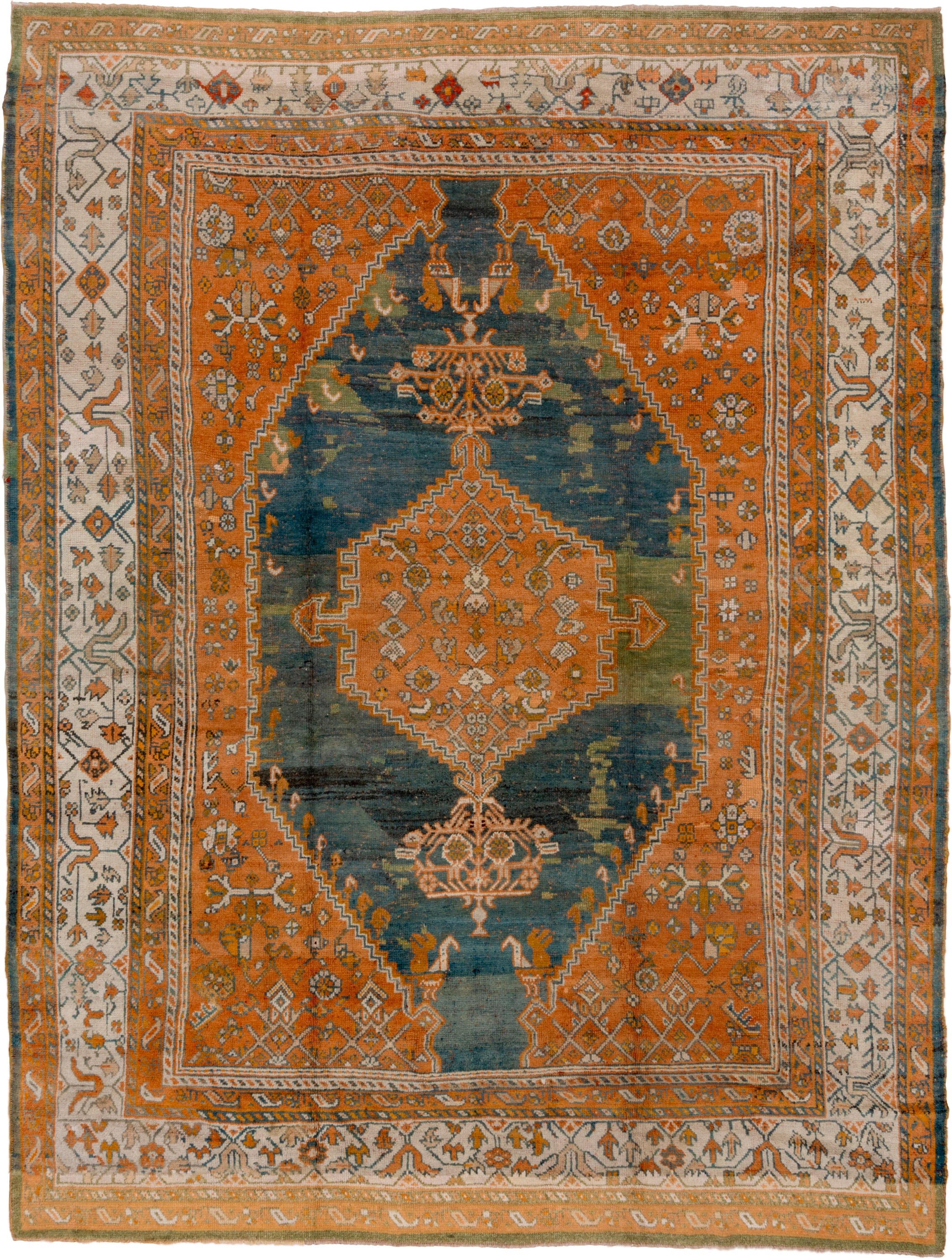 10' x 13' one-of-a-kind handmade antique Oushak large size rug. Color palette: terra cotta, ivory, teal, rust, sage, gold