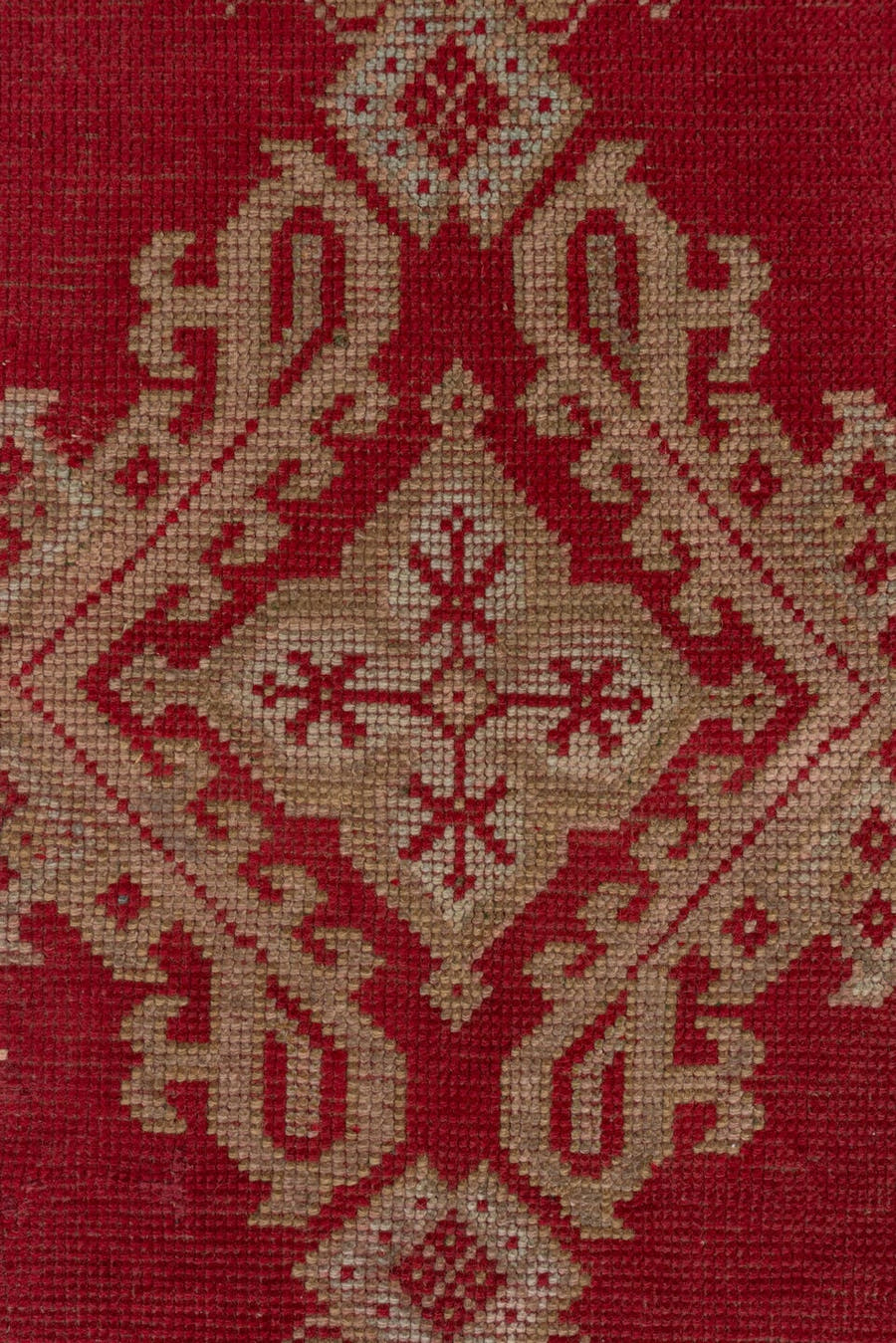6' x 6' one-of-a-kind handmade antique Oushak rug. Color palette: crimson, ivory, rust, sky_blue, red, terracotta, brown