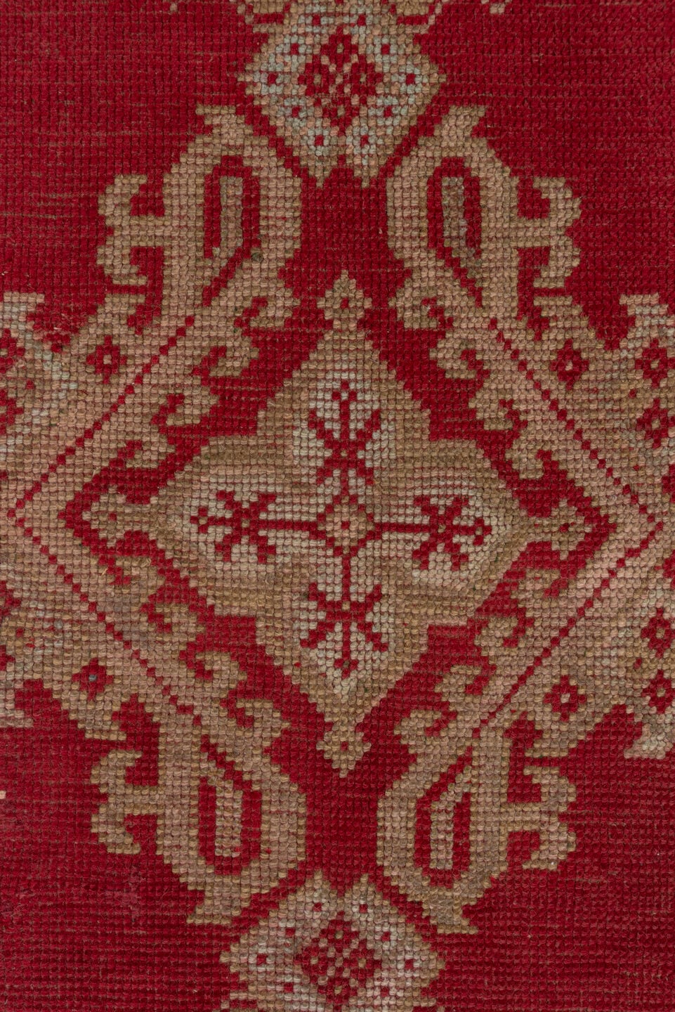 6' x 6' one-of-a-kind handmade antique Oushak rug. Color palette: crimson, ivory, rust, sky_blue, red, terracotta, brown