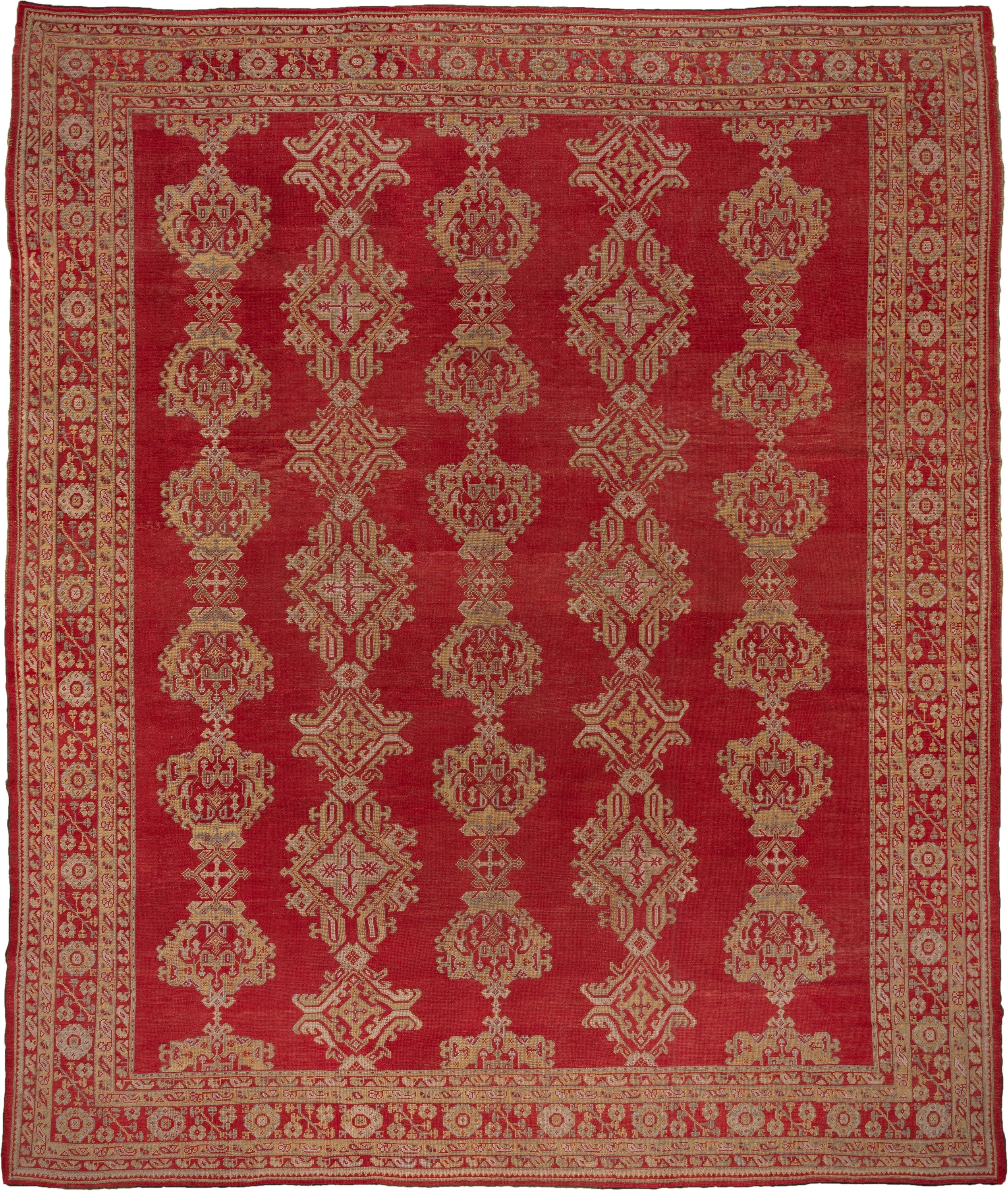 13' x 15' one-of-a-kind handmade antique Oushak oversize rug. Color palette: red, ivory, gold, rust, rose, terracotta, brown