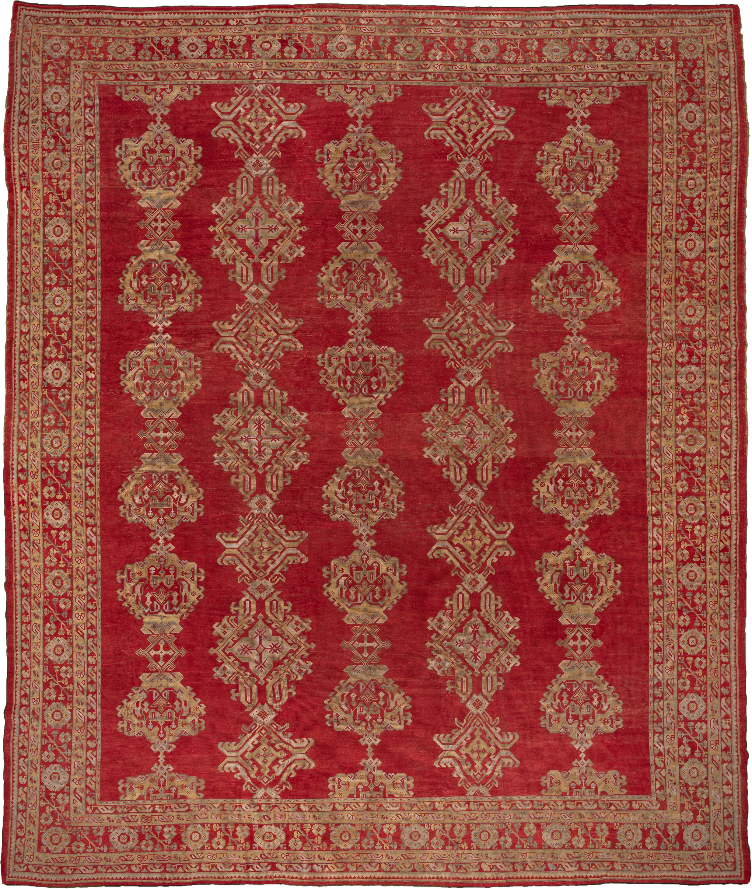 13' x 15' one-of-a-kind handmade antique Oushak oversize rug. Color palette: red, ivory, gold, rust, rose, terracotta, brown