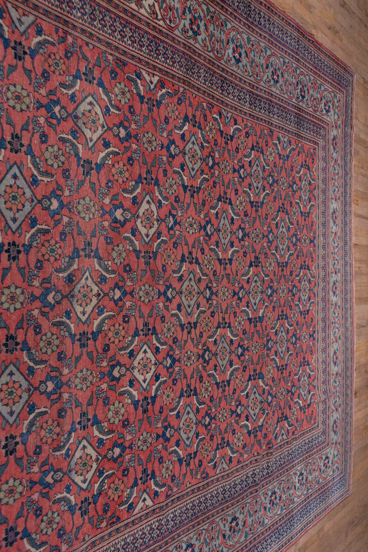 10' x 14' one-of-a-kind handmade antique Khorassan large size rug. Color palette: terra cotta, navy, pale blue, ivory, rust