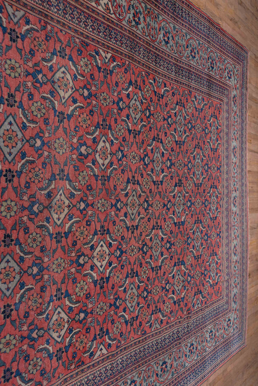 10' x 14' one-of-a-kind handmade antique Khorassan large size rug. Color palette: terra cotta, navy, pale blue, ivory, rust