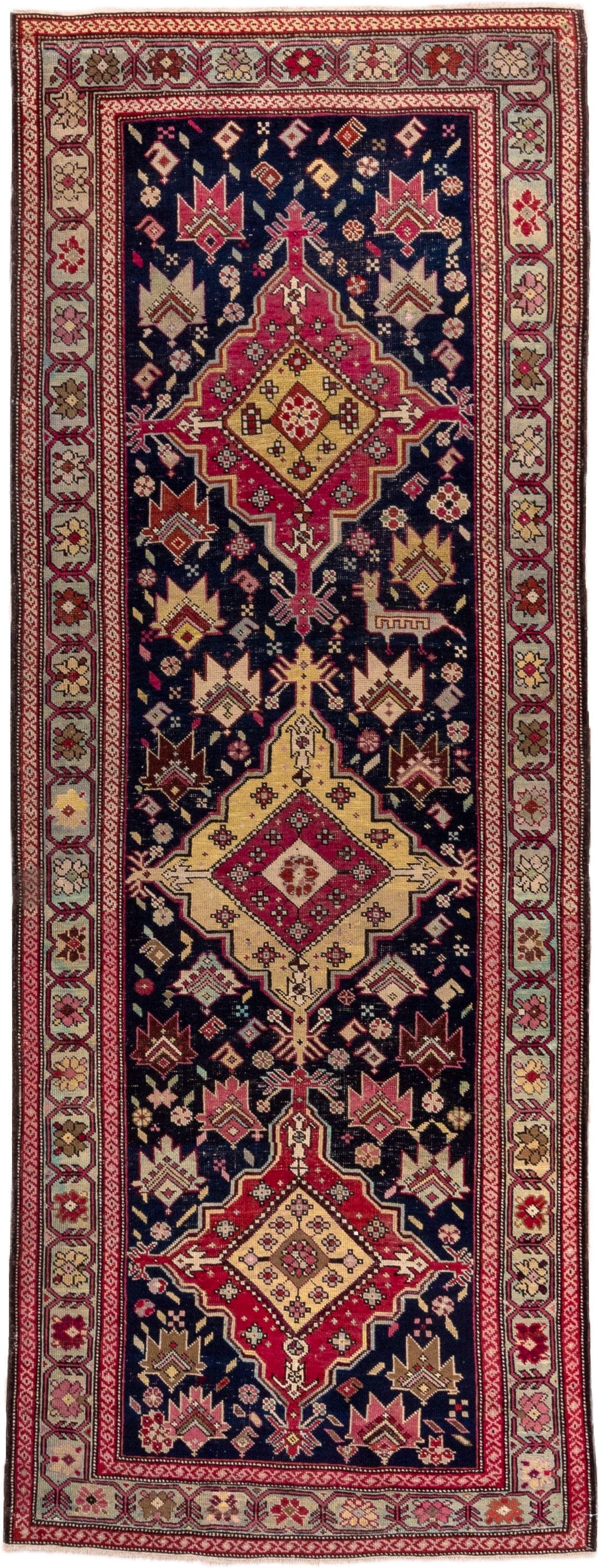 3' x 9' one-of-a-kind handmade antique Karabagh runner rug. Color palette: navy, crimson, ivory, gold, rose, taupe, burgundy