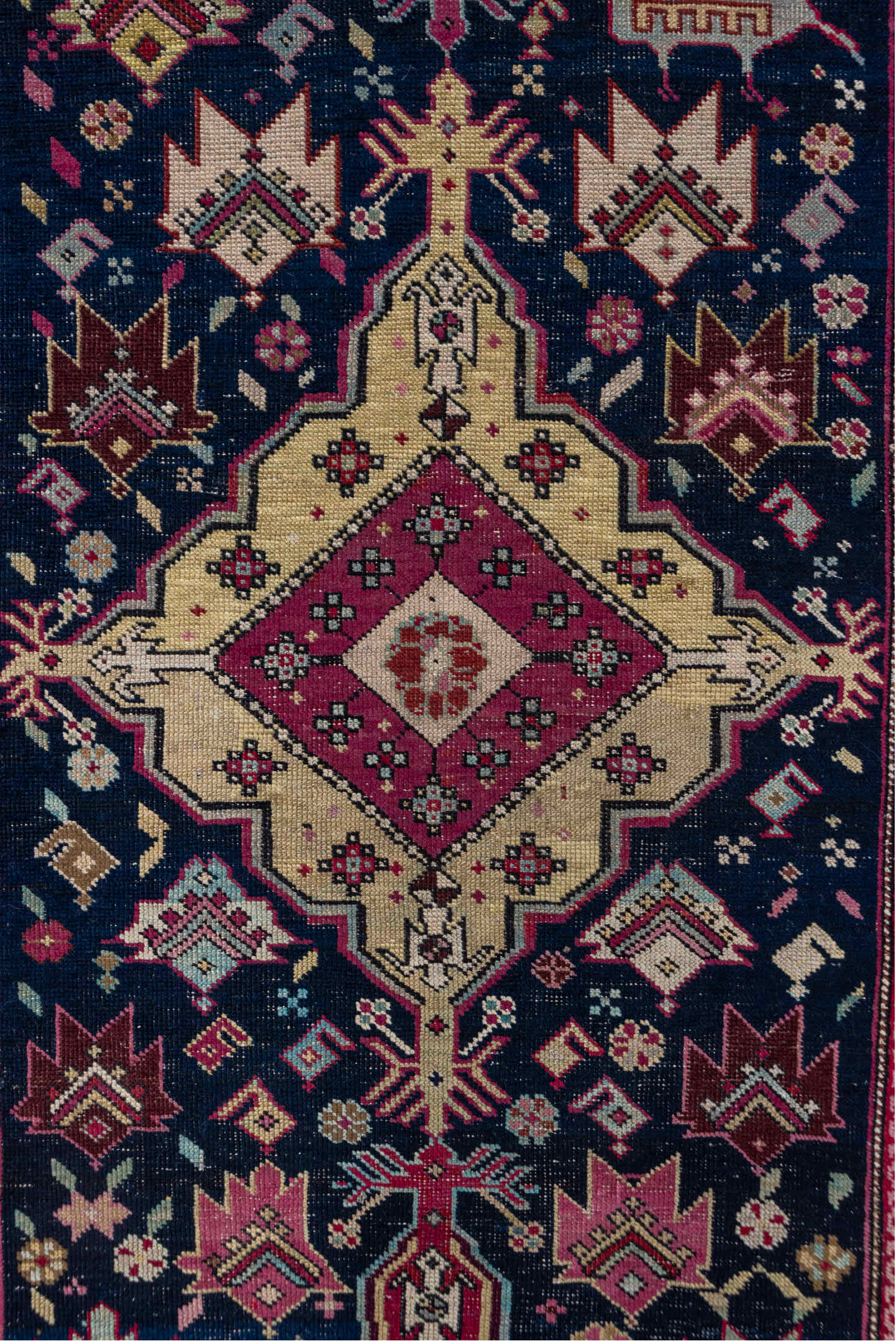 3' x 9' one-of-a-kind handmade vintage Karabagh runner rug. Color palette: black, brown, gray, orange, pink, red