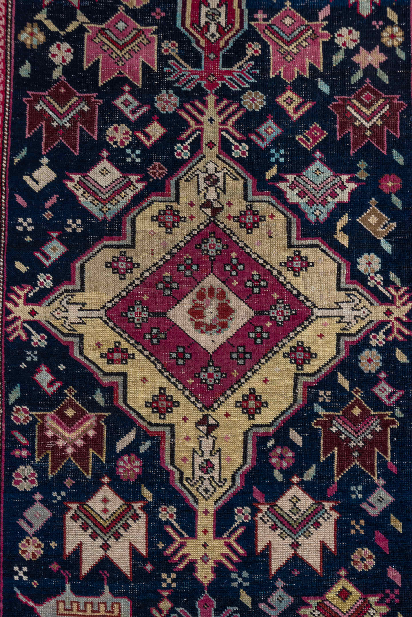 3' x 9' one-of-a-kind handmade antique Karabagh runner rug. Color palette: navy, crimson, ivory, gold, rose, taupe, burgundy