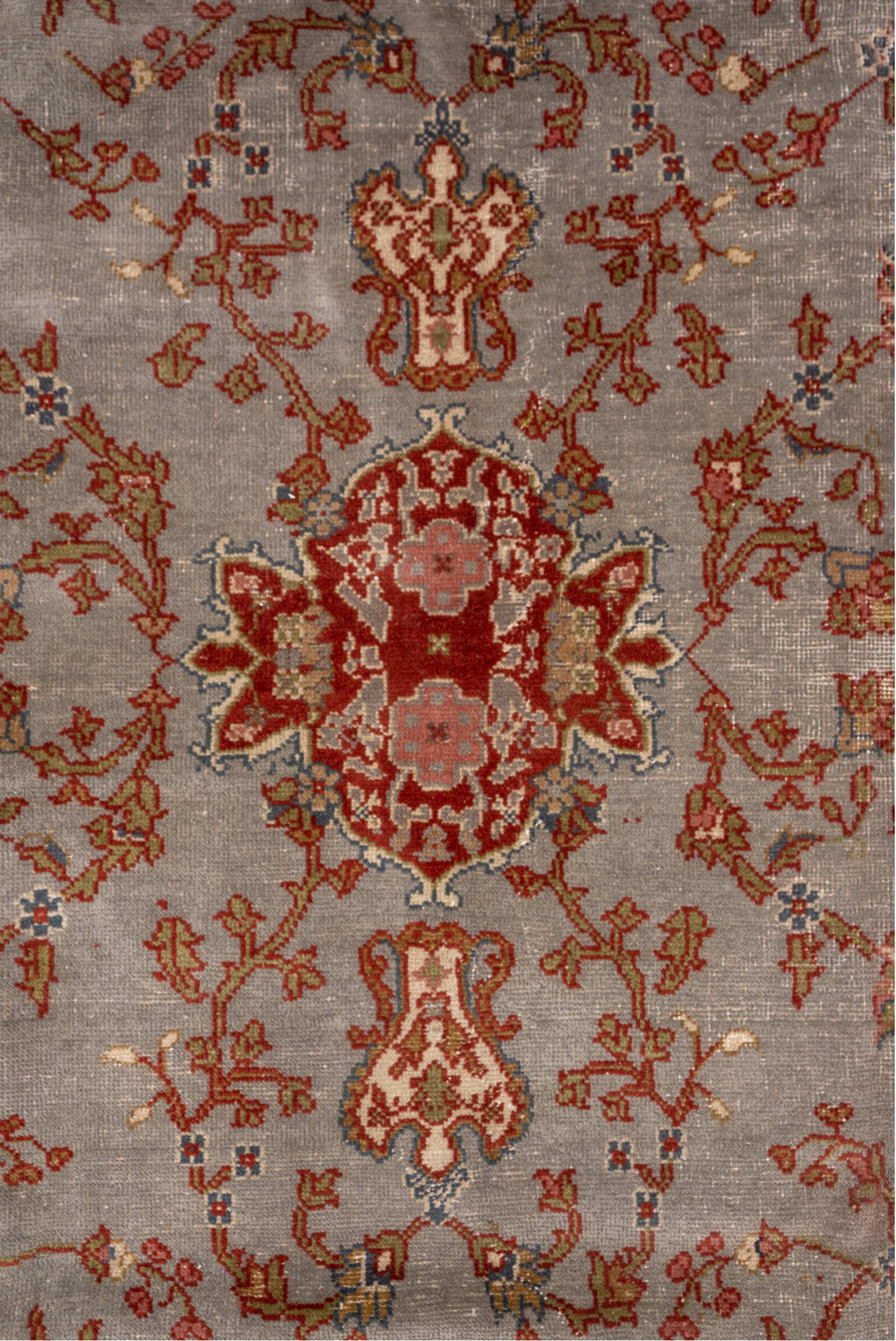 7' x 10' one-of-a-kind handmade antique Oushak large size rug. Color palette: taupe, rust, ivory, sage, gold, slate, rose