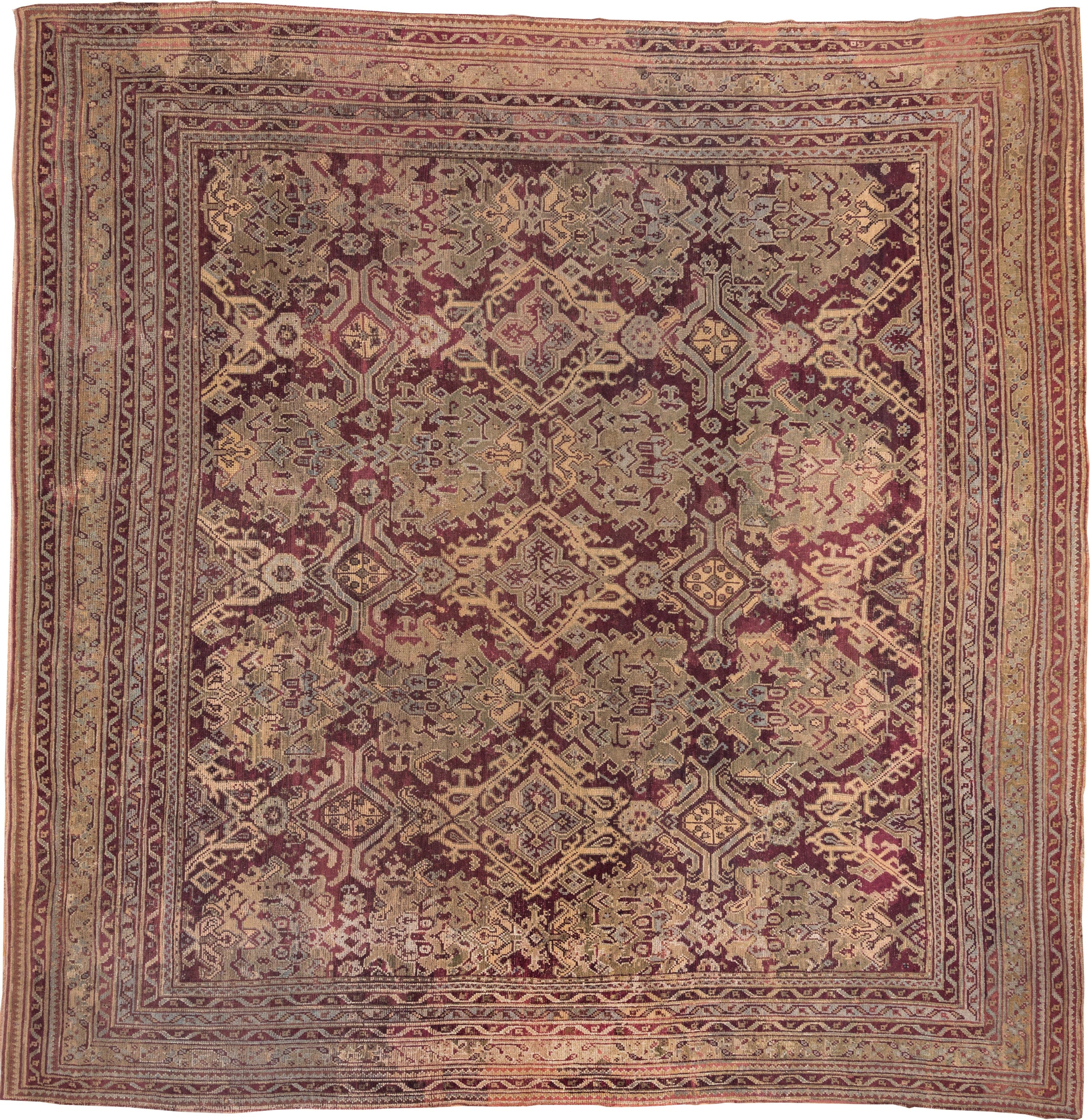 14' x 14' one-of-a-kind handmade antique Oushak oversize rug. Color palette: burgundy, ivory, taupe, sage, rose, gold