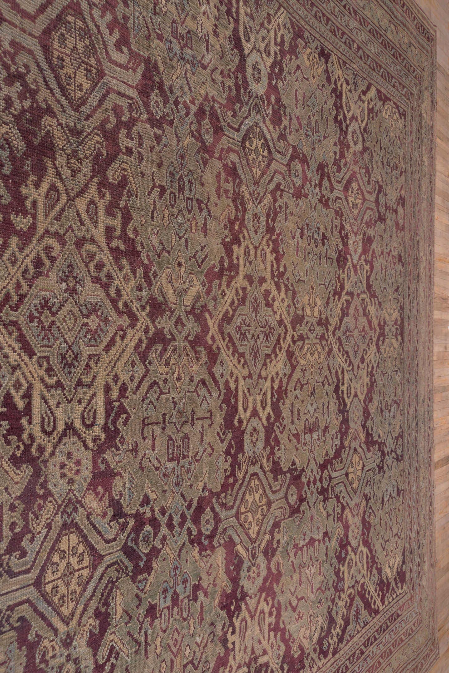 14' x 14' one-of-a-kind handmade antique Oushak oversize rug. Color palette: burgundy, ivory, taupe, sage, rose, gold