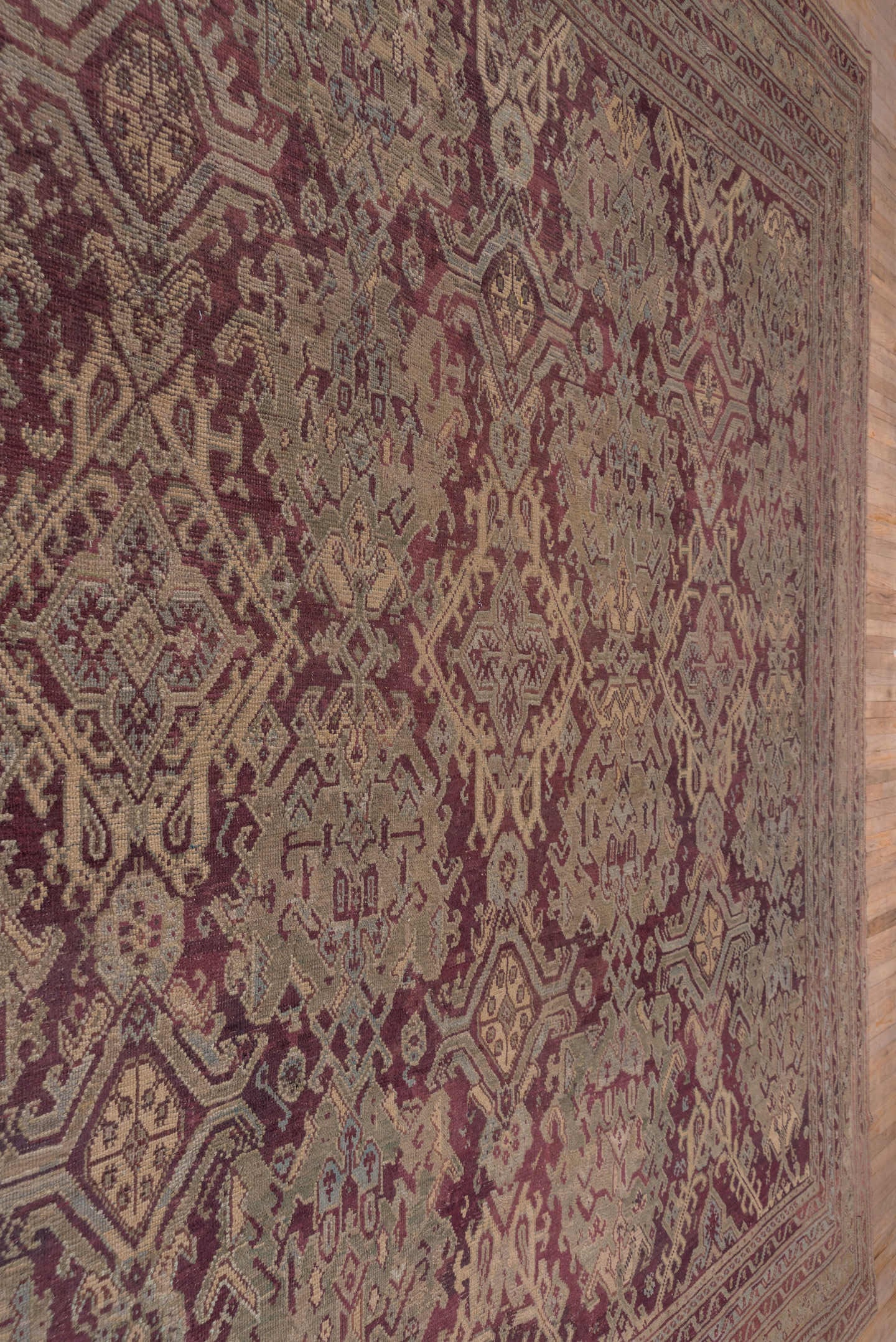 14' x 14' one-of-a-kind handmade antique Oushak oversize rug. Color palette: burgundy, ivory, taupe, sage, rose, gold