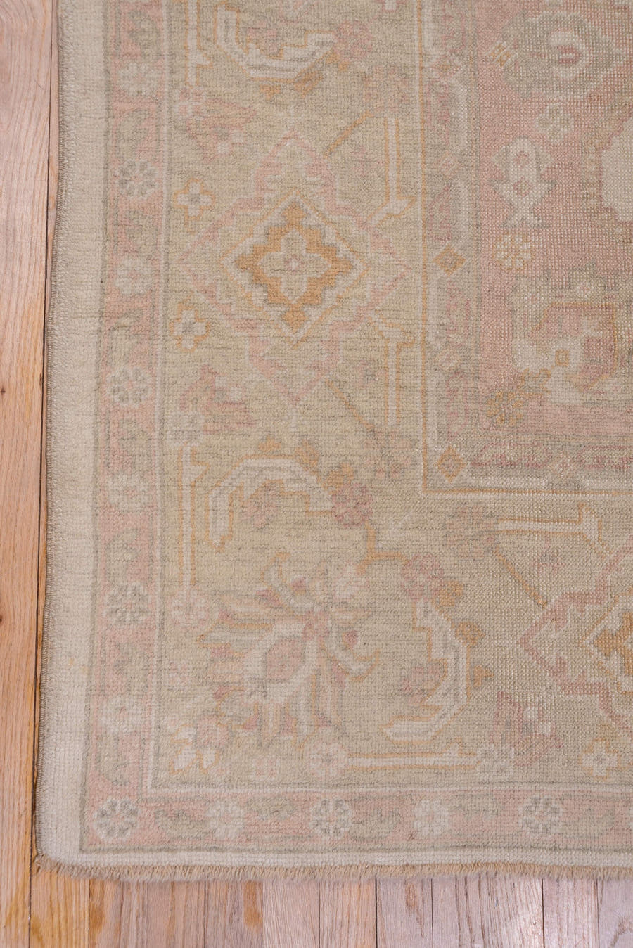 9' x 12' one-of-a-kind handmade antique Oushak large size rug. Color palette: ivory, blush, taupe, sage, peach, beige, pink