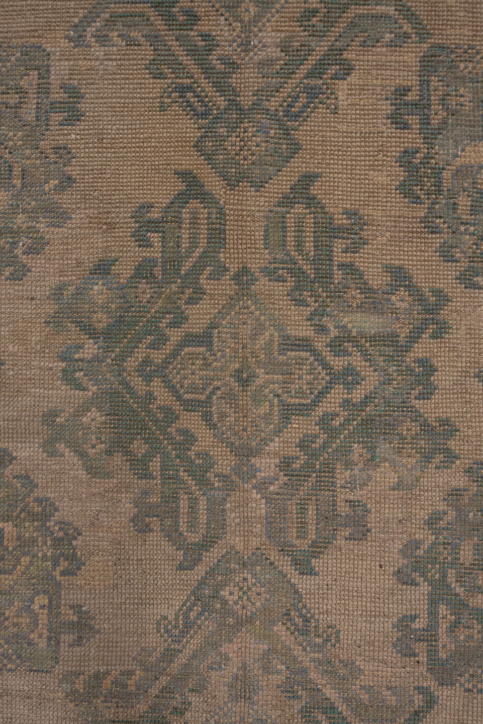 11' x 13' one-of-a-kind handmade antique Oushak oversize rug. Color palette: taupe, teal, brown, camel, sage, charcoal